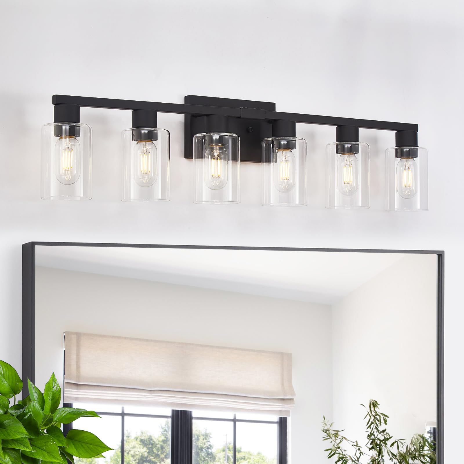 Black Bathroom Light Fixtures, Large 6-Light Bathroom Vanity Light, Vanity Lights For Bathroom With Clear Glass Shade, 34In Farm