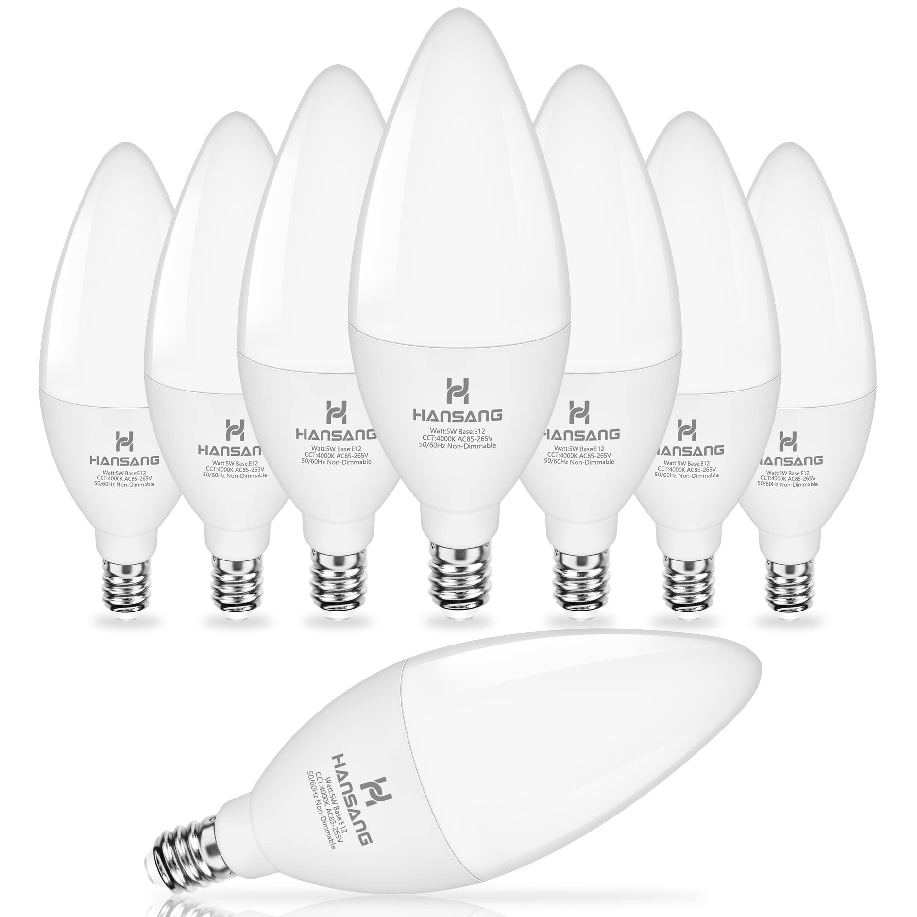 hansang LED E12 Chandelier Light Bulbs, 5W (60W Equivalent), Natural White 4000K, 500LM, 8 Pack, Non-Dimmable