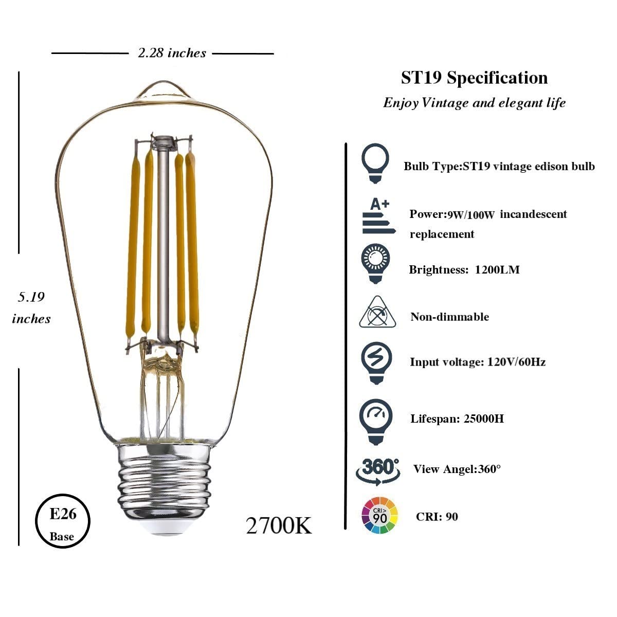 Winsaled 12 Pack 100 Watt Equivalent Led Edison Bulbs, 9W Led Light Bulbs, 2700K Soft Warm With E26 Standard Base, 120V Not-Dimm
