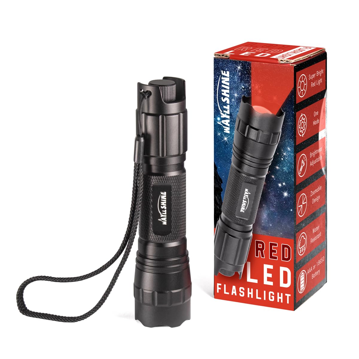 WAYLLSHINE Red Flashlight, Stepless Dimming, 620nm-630nm, Adjustable Brightness, Model L01-Flashlight-Redlight-Stepless