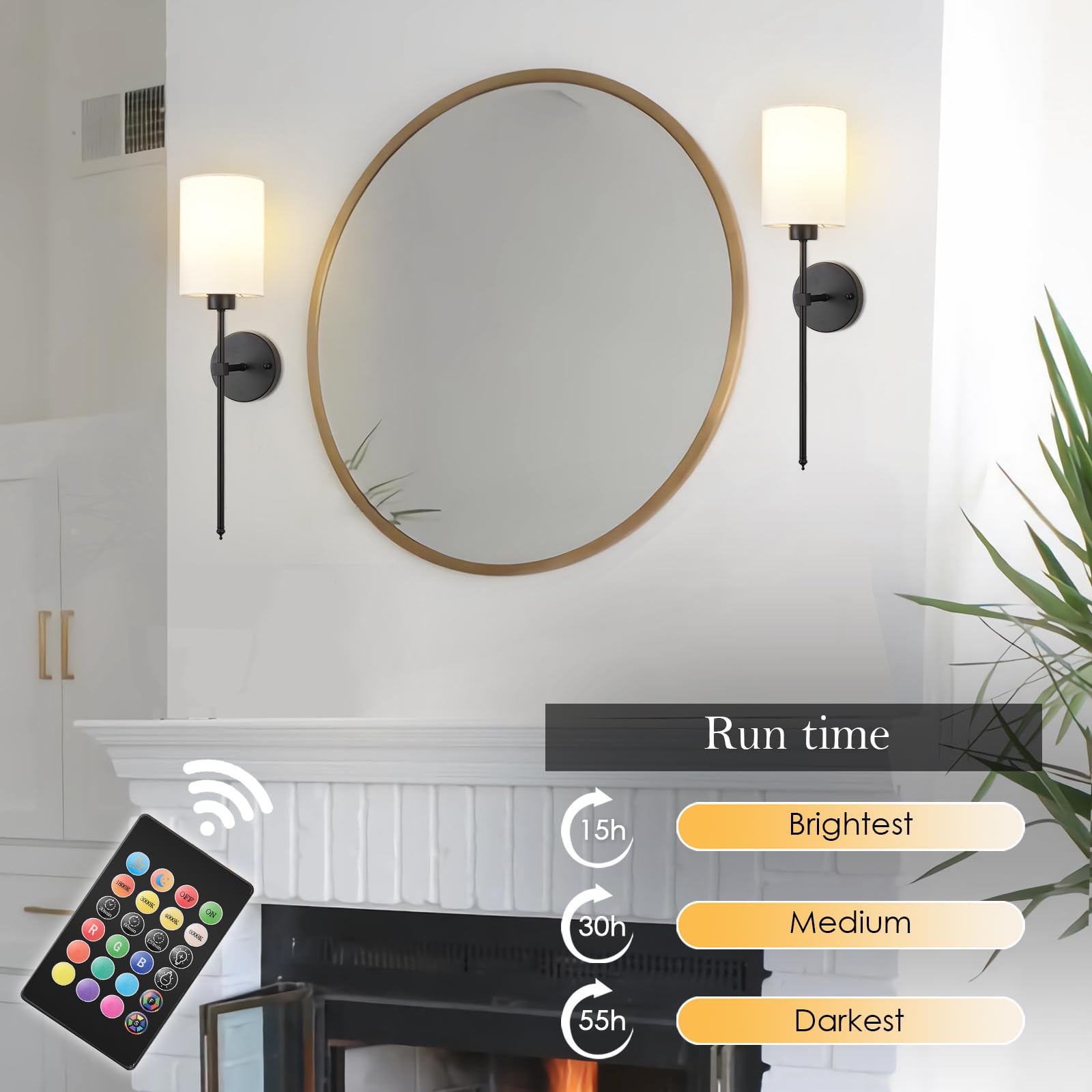 KARTOOSH Battery Operated Wall Sconces Set of Two, Wireless Rechargeable, Dimmable, 23.6 Inch, Black, Model ZM213B