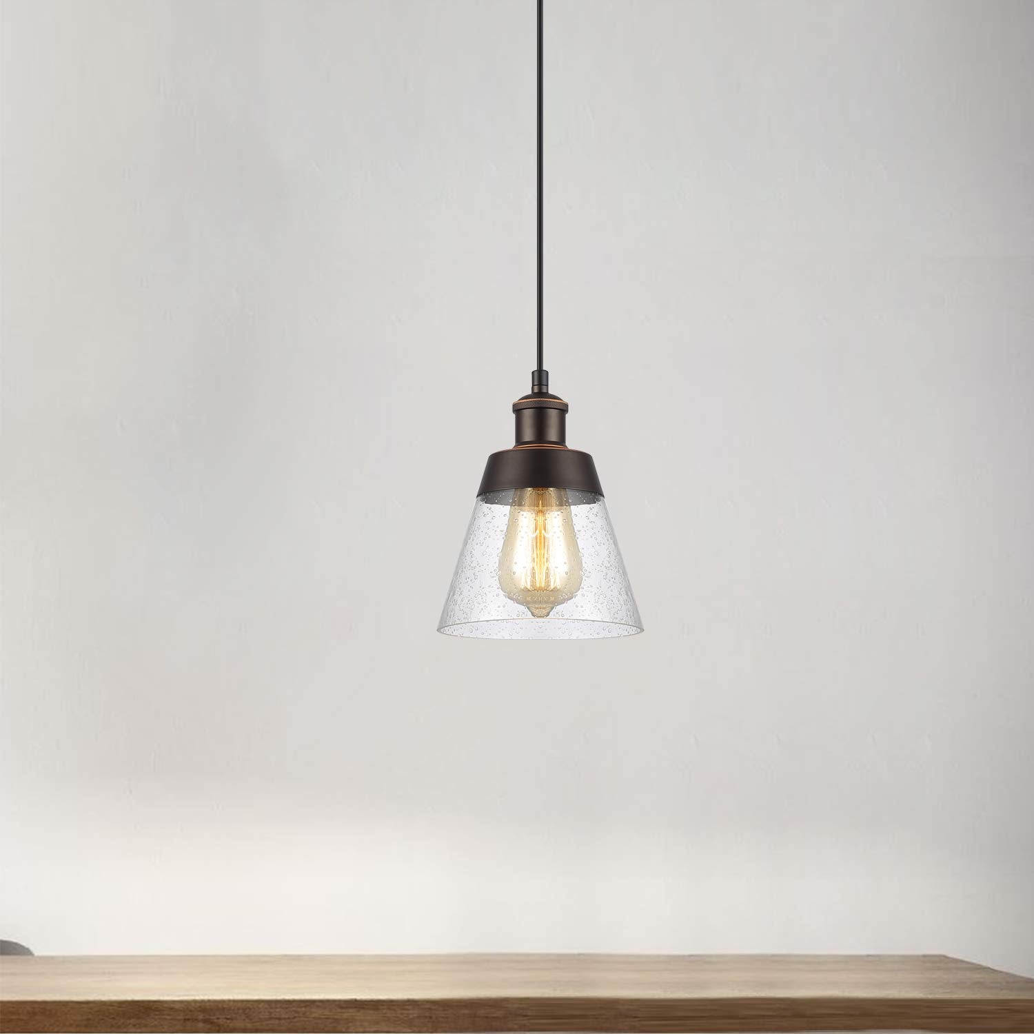 Fivess Lighting Rustic Glass Pendant Light, Mini Size, Handblown Clear Seeded, 15ft Cord, On/Off Switch, Oil Rubbed Bronze, Model FSS3203-1
