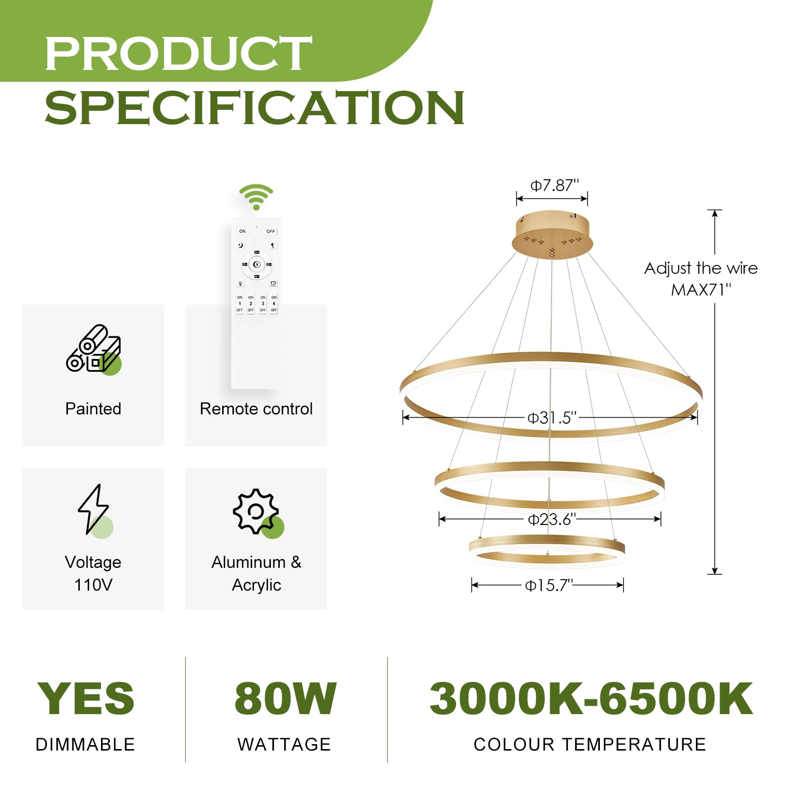 Benkut Modern LED Chandelier, 3 Ring Pendant Light, Dimmable, Gold, Remote Control, Model BK-P60-3GDC1