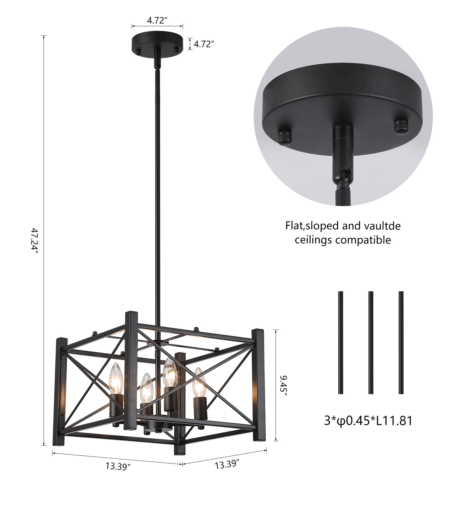 Amzasa Farmhouse Chandelier,Black Square 4-Lights Lantern Pendant Light, Rustic Cage Industrial Hanging Light For Kitchen Island, Dining Room, Hallway Entryway Foyer