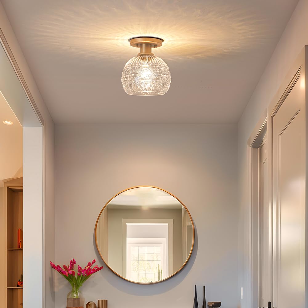 Brass Gold Semi Flush Mount Ceiling Light Fixture, Farmhouse Bathroom Light With Globe Glass Shade, Vintage Hallway Lights Fixtu