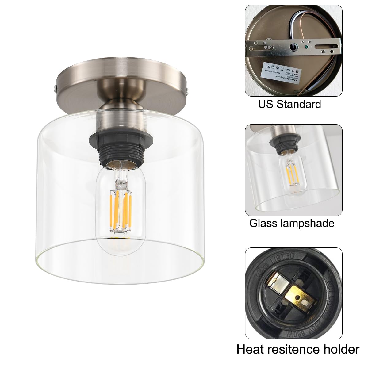 Modern Semi Flush Mount Ceiling Light, Brushed Nickel Rustic Ceiling Light Fixture For Closet, Hallway, Kitchen, Hallway Light F