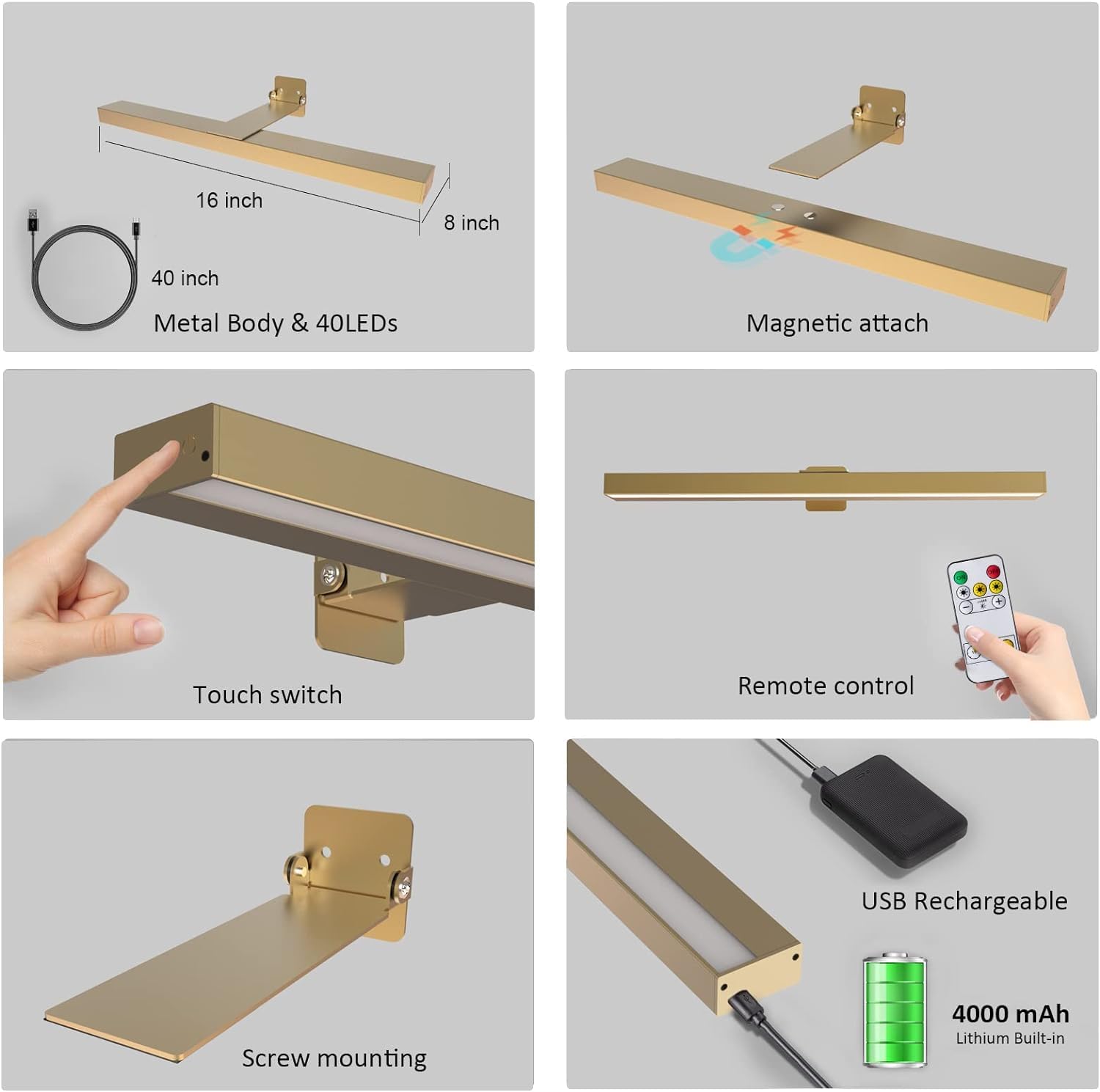 Rechargeable Picture Lights With Remote, 16'' Battery Operated Painting Light Display Lamp With 3 Lighting Modes, Dimmable Dartb