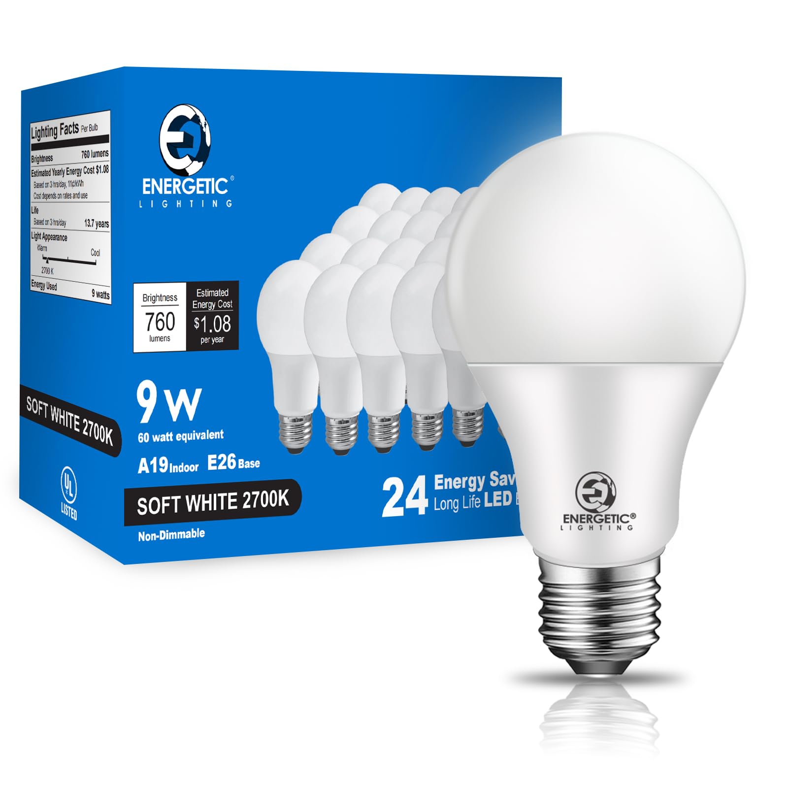 E Energetic Lighting Light Bulbs 60 Watt Equivalent Soft White, 9W 760Lm, 15000 Hrs E26 Base, A19 2700K Light Bulbs, Ul Listed, 