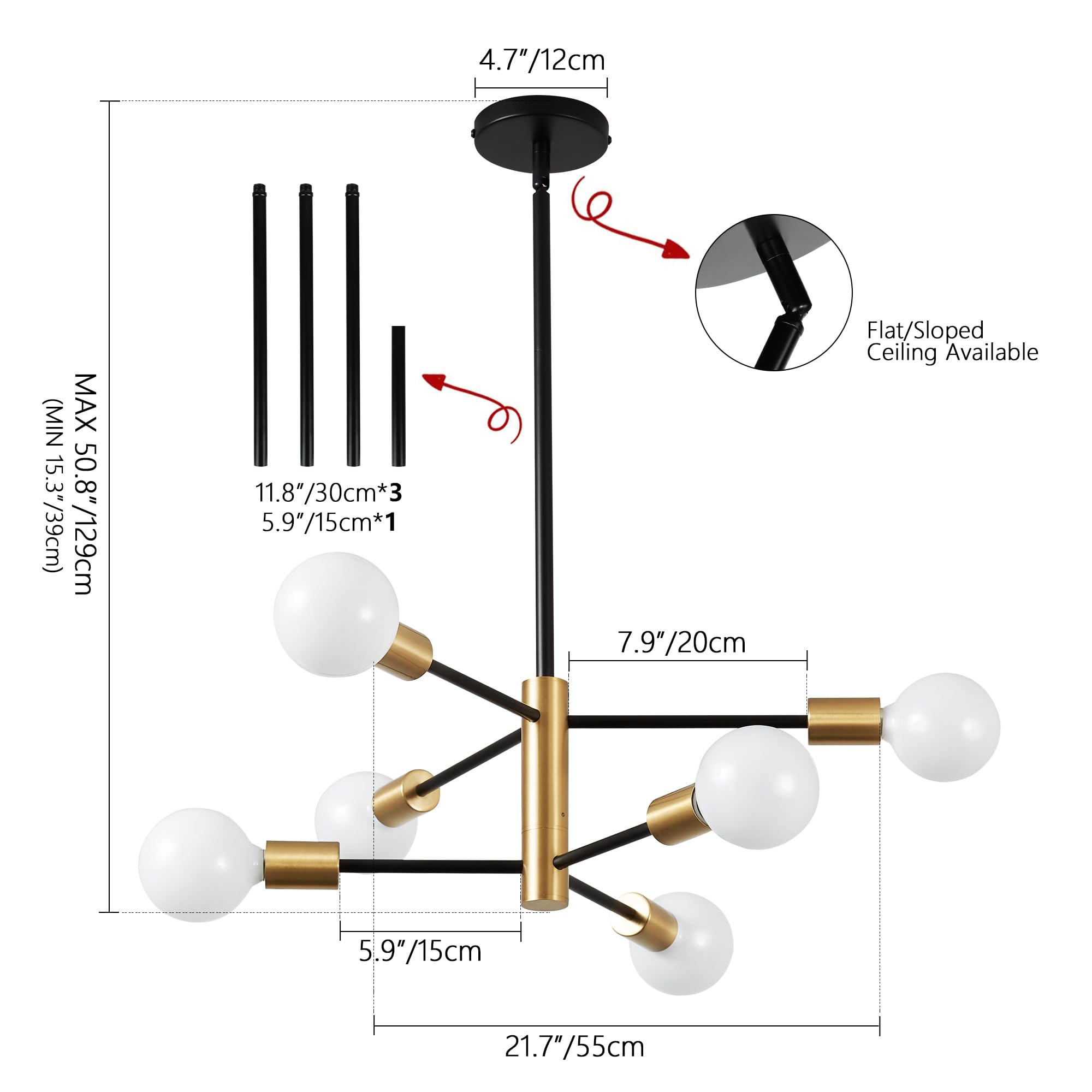 Kaisite Modern Sputnik Chandelier - 6 Light Chandelier With Height Adjustment, Black And Gold Finish For Kitchen, Bedroom And Fo