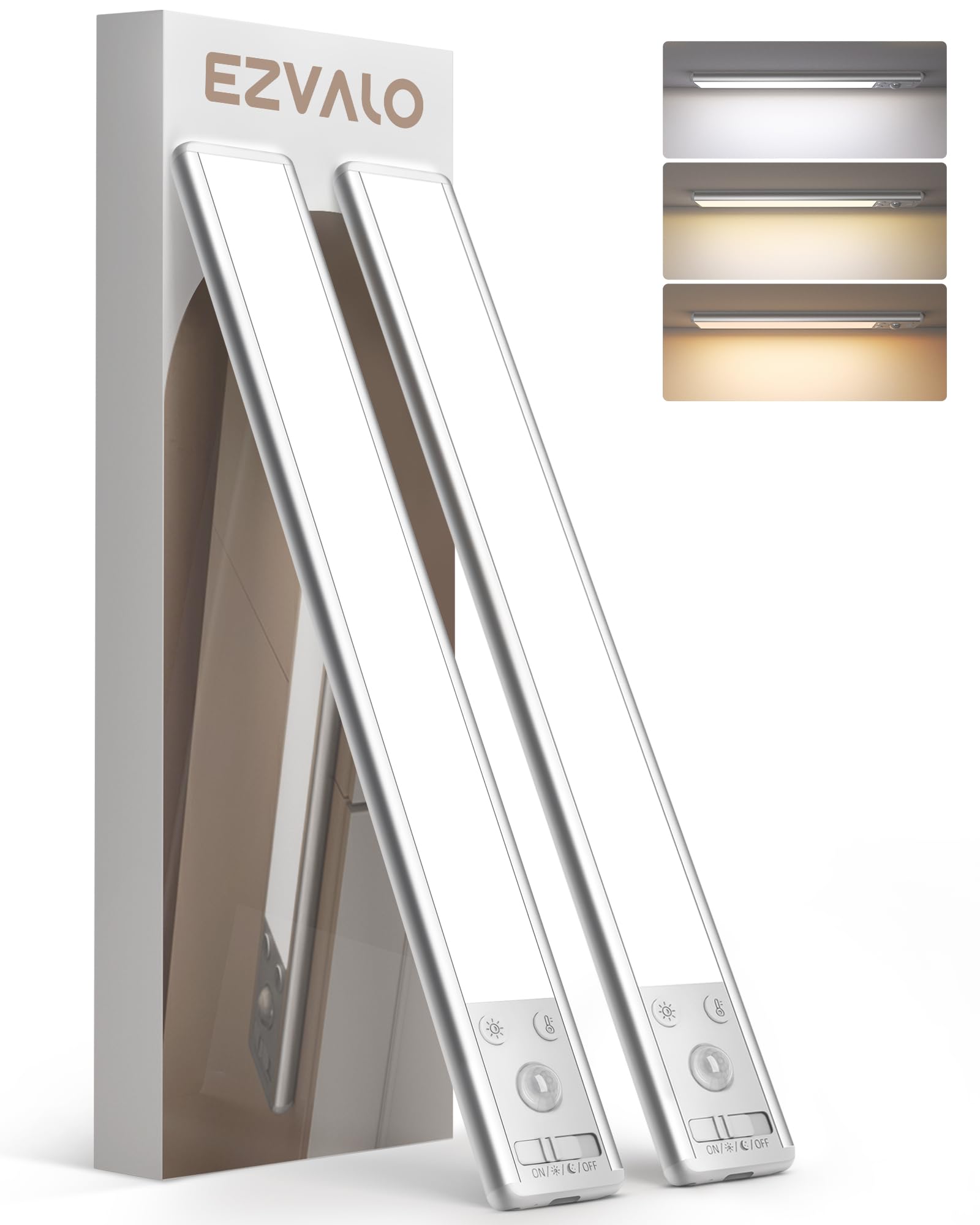 EZVALO Under Cabinet Lighting, 80 LED Motion Sensor Lights Indoor with 3 Color Temps, 1900mAh Rechargeable Under Cabinet Lights Wireless, Dimmable Under Counter Lights for Kitchen, Closet (2 Pack)