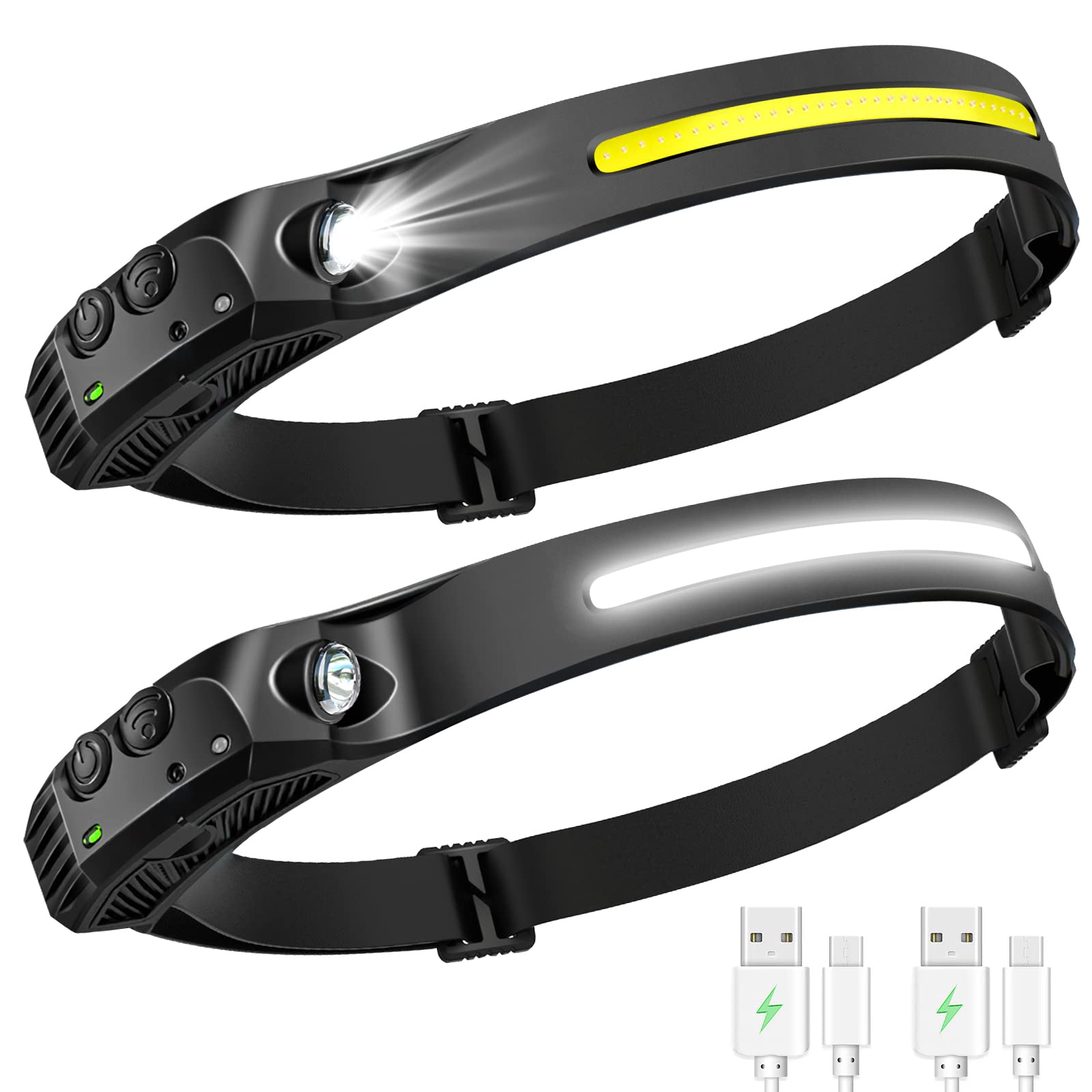 AURUZA 2PCS Headlamp Flashlight, Rechargeable LED Headlamps 2 COB 230Wide Beam Headlight with Motion Sensor Bright 5 Modes Light