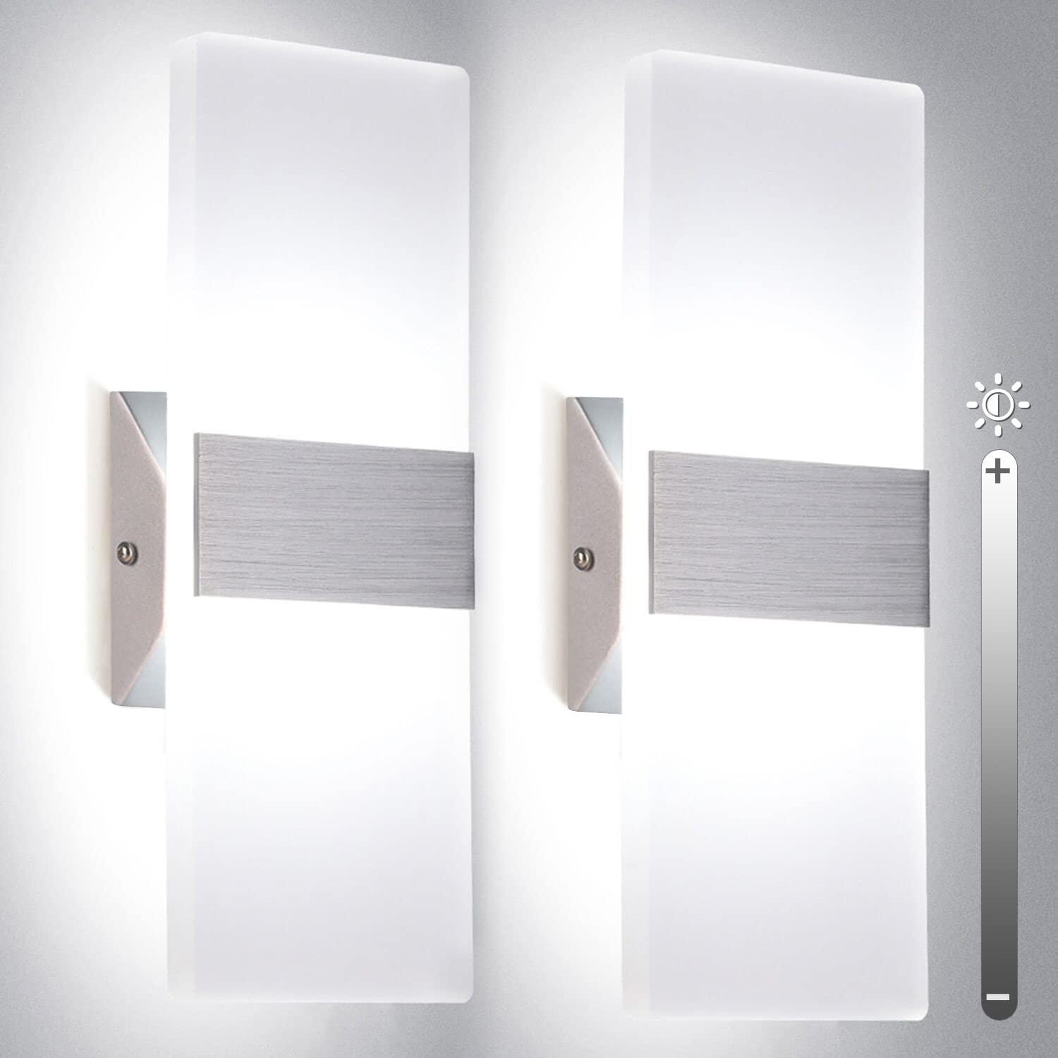 Trlife Modern Wall Sconces Set Of 2, Dimmable 12W 6000K Cool White Hardwired Lighting, Silver Brushed Aluminum For Bedroom & Living Room
