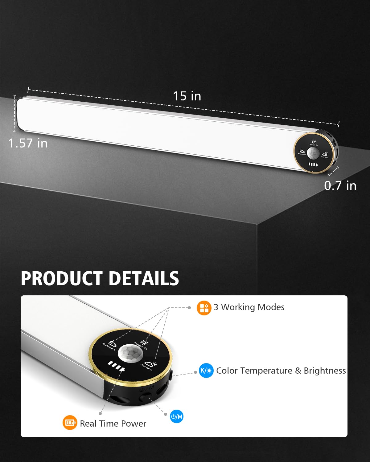 Colijoy Motion Sensor Under Cabinet Lights, 3-Color Dimmable, 84 Led 15Inch Wireless Closet Lighting, Rechargeable 3200Mah Batte