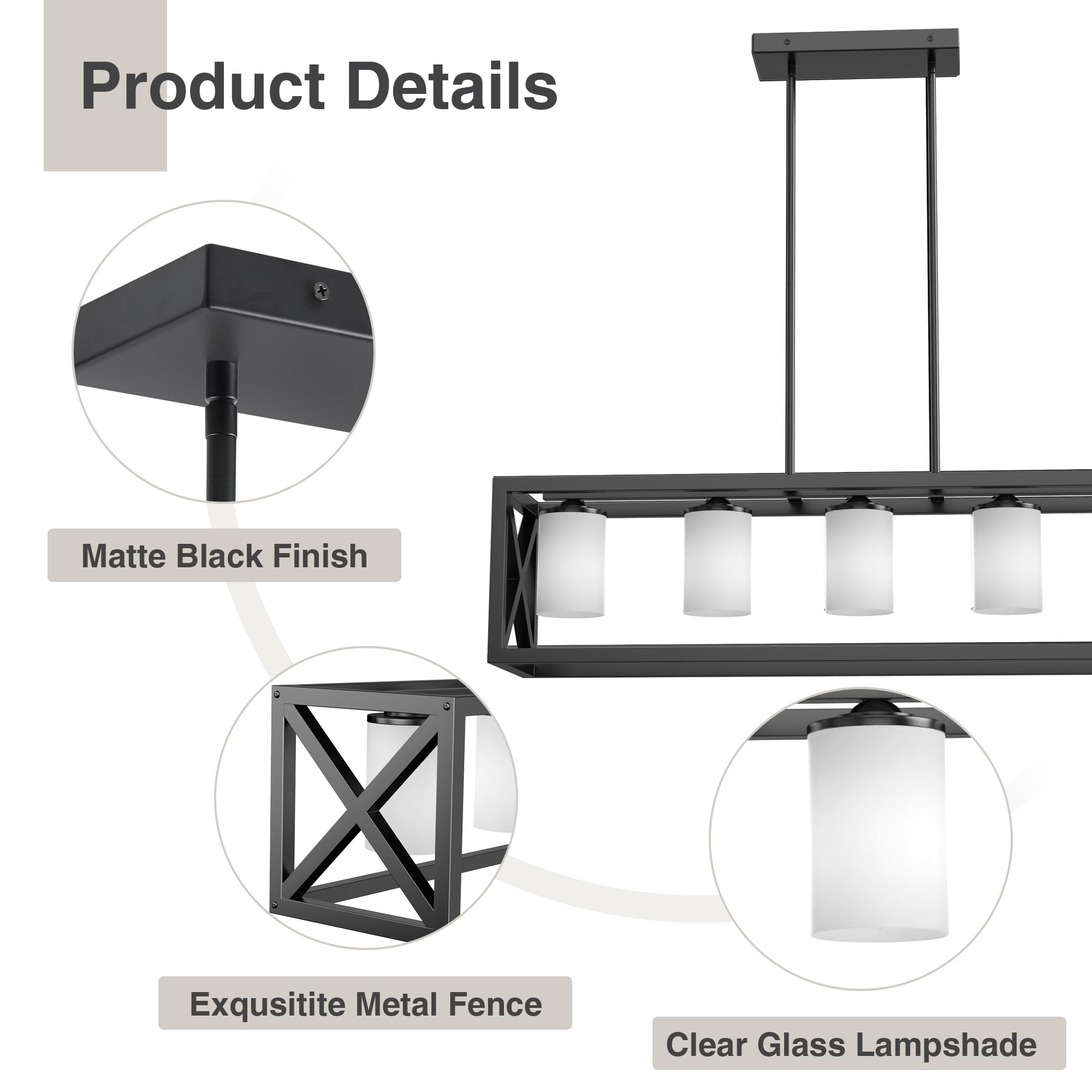 Espird Black White Dining Room Light Fixture - 5 Light Rectangle Light Fixture With Milk Glass Shade & Adjustable Height & Thick