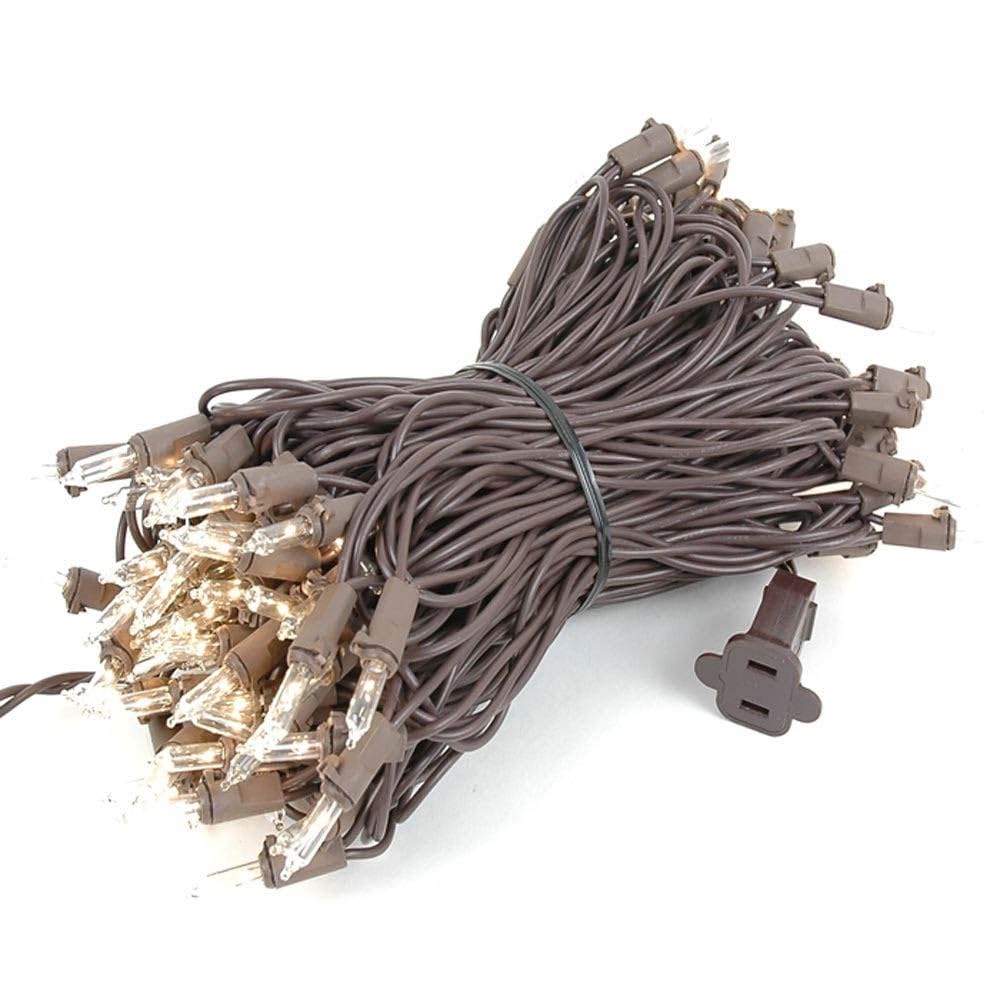 Novelty Lights 50 Feet 100 Bulbs Traditional Incandescent Mini Lights, Clear On Brown Wire With 6 Spacing, Commercial Grade And
