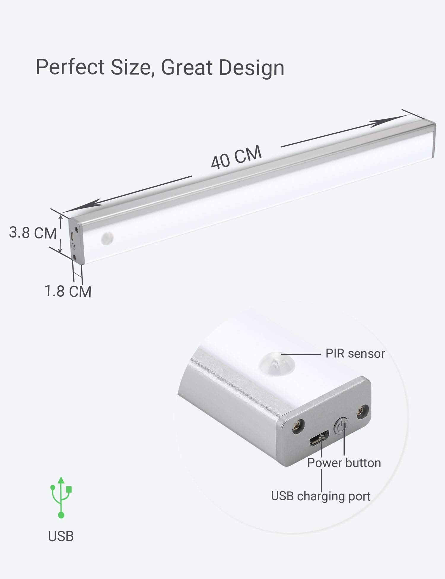 Joyzy Automatic Wireless LED Kitchen Cabinet Light, Motion Sensor, Rechargeable, 15.8 inch, 6500K, Silver
