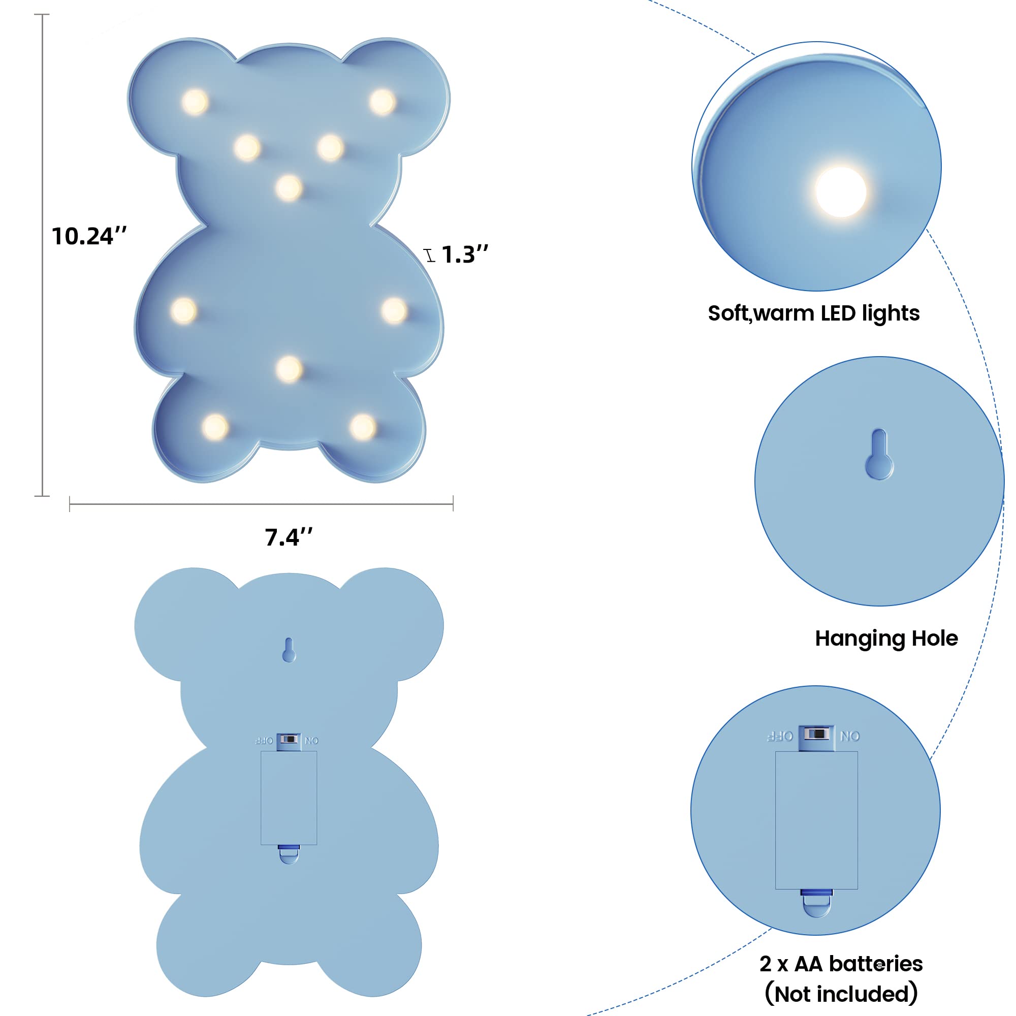 Ganrami Blue Bear Decor, Battery Powered Bear Night Light for Kids, Pink Party Decorations, Baby Night Light for Bedroom, Toddle