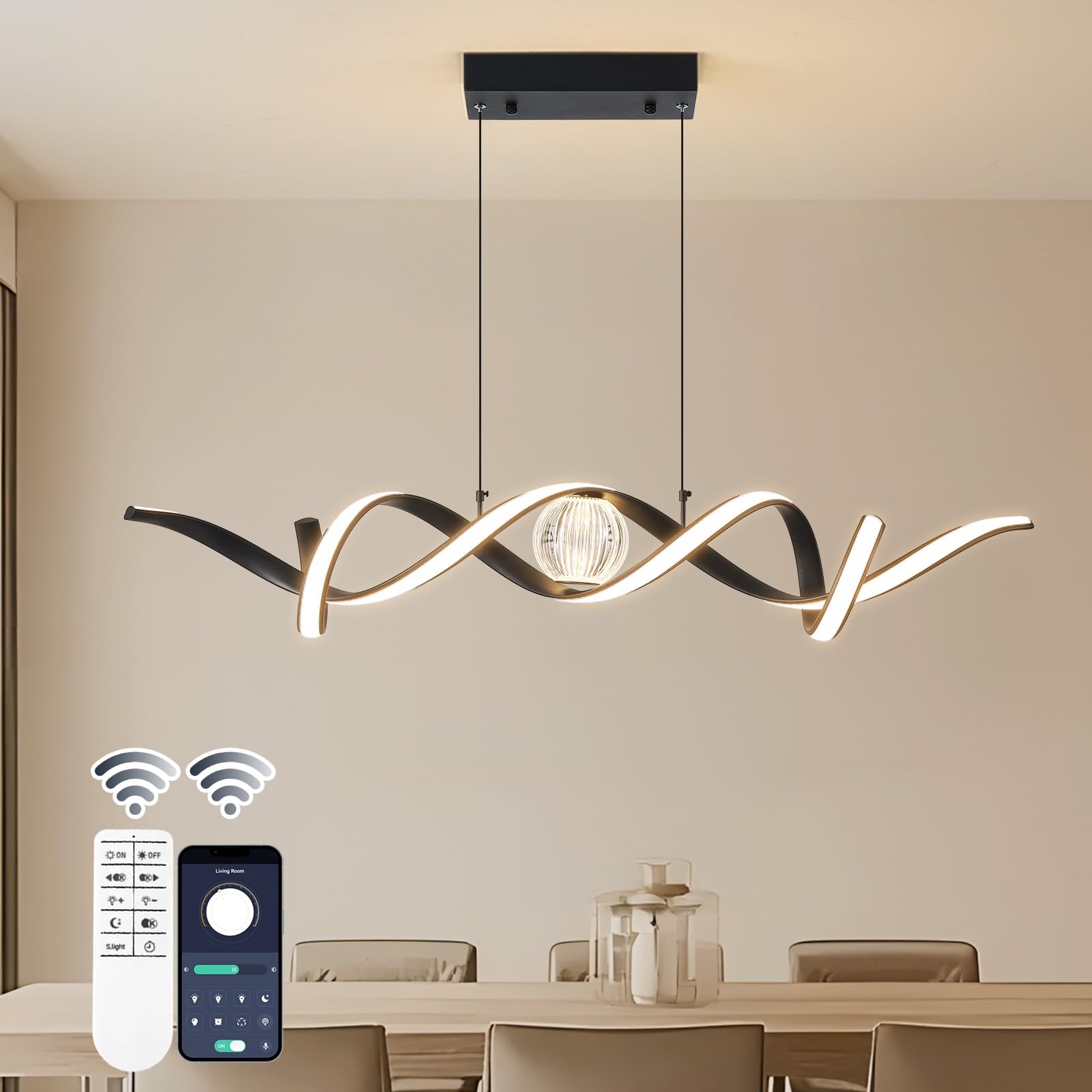 ORANOOR LED Modern Chandeliers for Dining Room, 39in Dimmable Black Chandelier Kitchen Pendant Lighting Over Island, Linear Wave