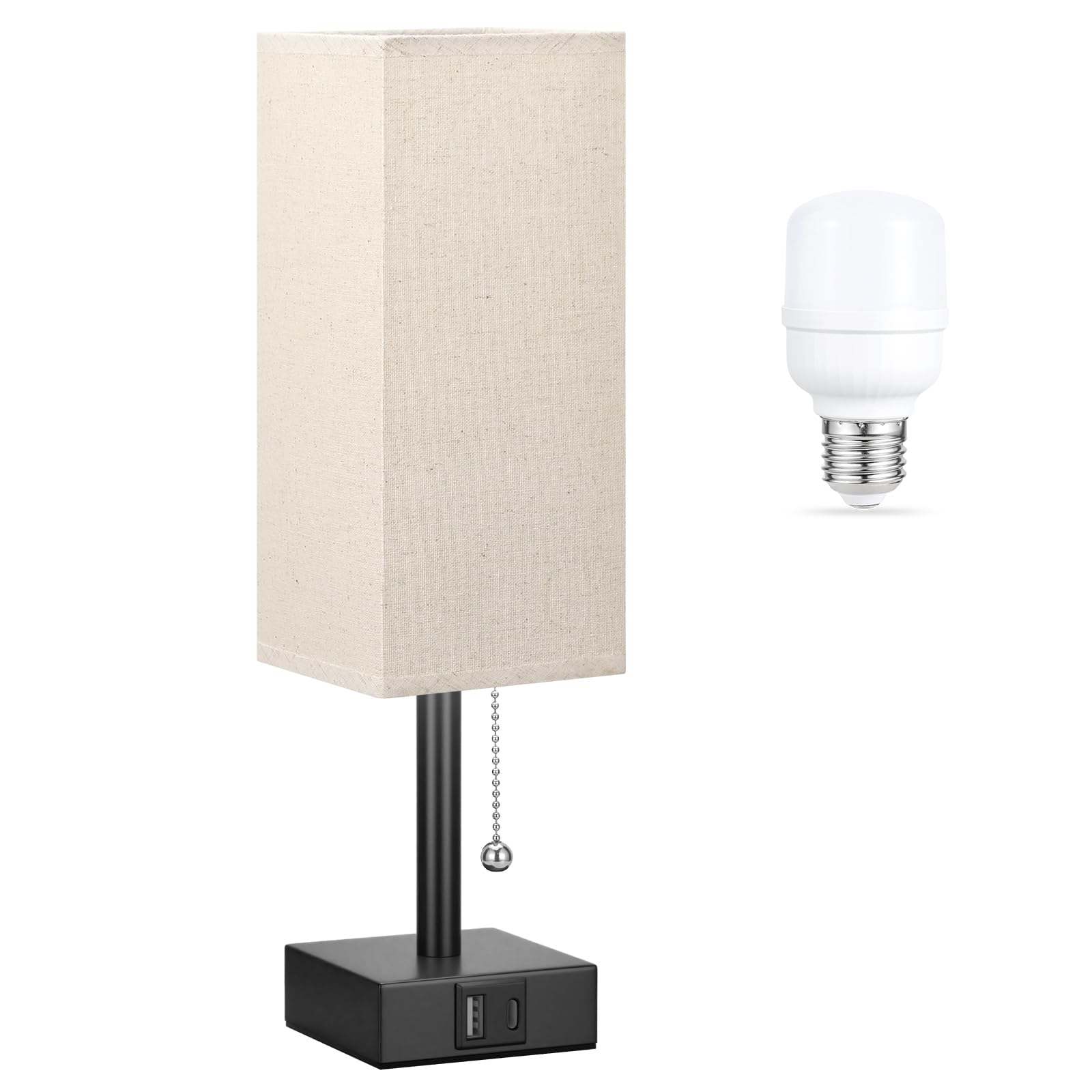 Small Linen Bedroom Lamp - 3 Color Temperature 3000K 5000K 4000K Bedside Lamp, Pull Chain Control, USB A and C Charging Ports, Black Base, for Kids Office Dorm, Bulb Included