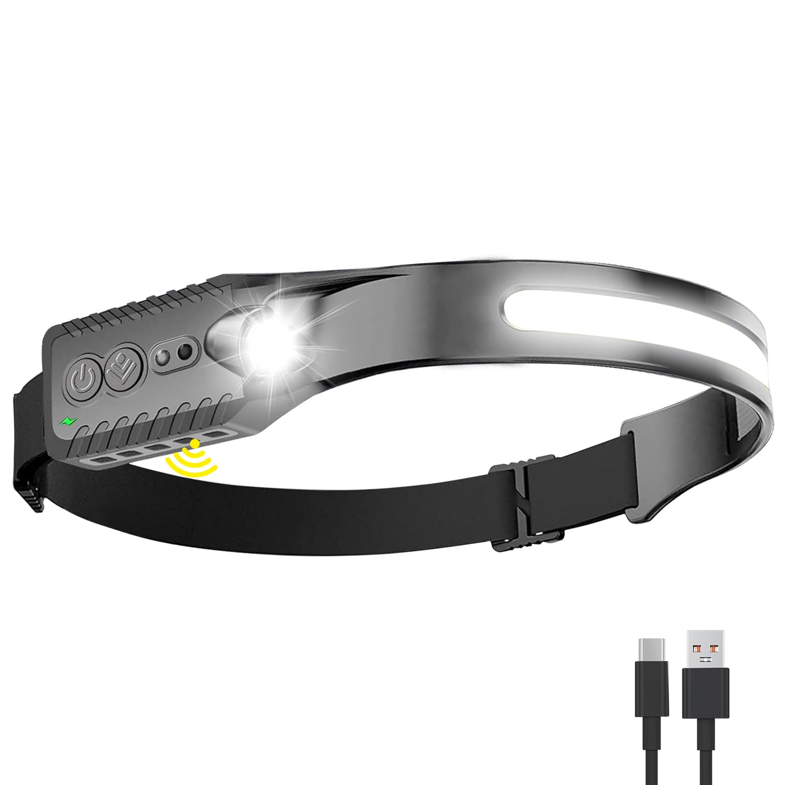 Nessciera Rechargeable LED Headlamp (Gray)  400 Lumens  230 Wide Beam  USB-C  IPX4  5 Modes - Lightweight  Adjustable Headband; Hard Hat Clips for Camping  Hiking  Running & Repairs