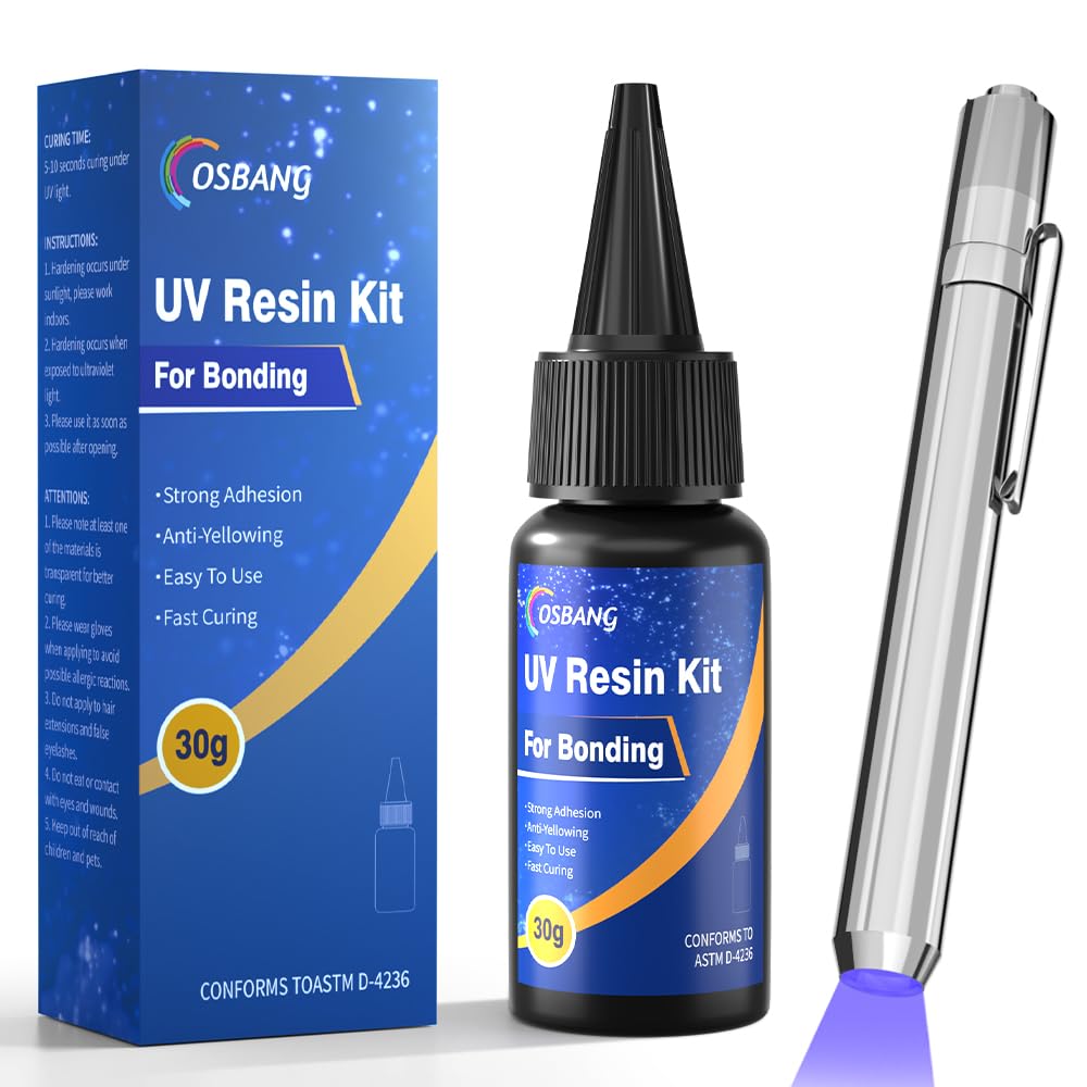 UV Resin Kit with Light, Curing & Bonding in Seconds, 30g/1oz Transparent UV Glue with UV Flashlight for Plastic, Resin, Acrylic