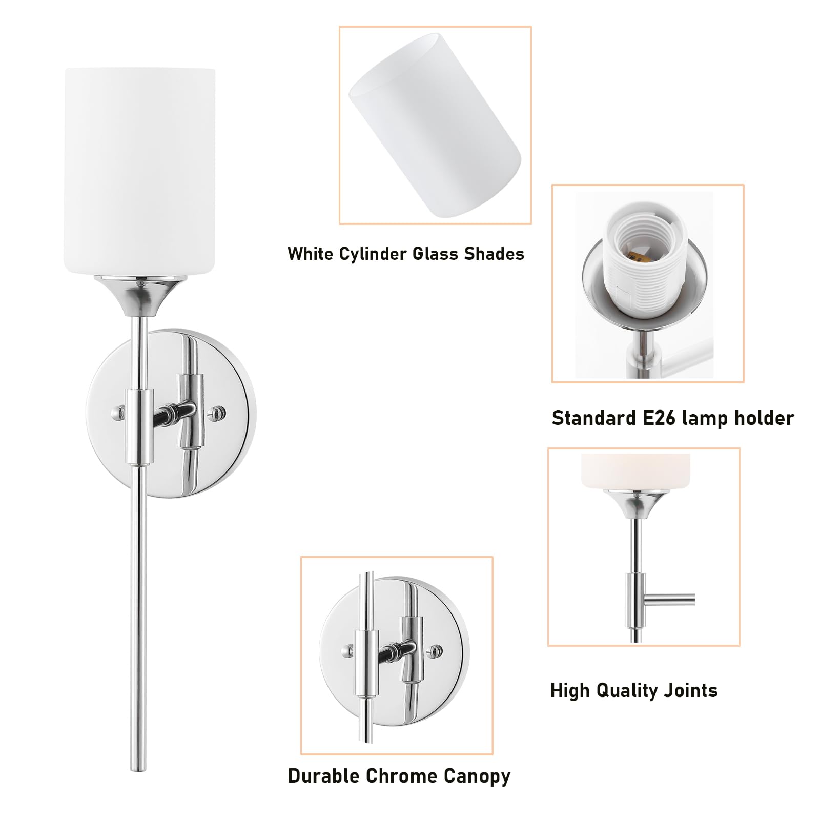 Byoliima Modern Wall Sconce Set Of 2 White Cylinder Glass Shades Mid Century Bathroom Vanity Wall Light Fixtures Industrial Wall