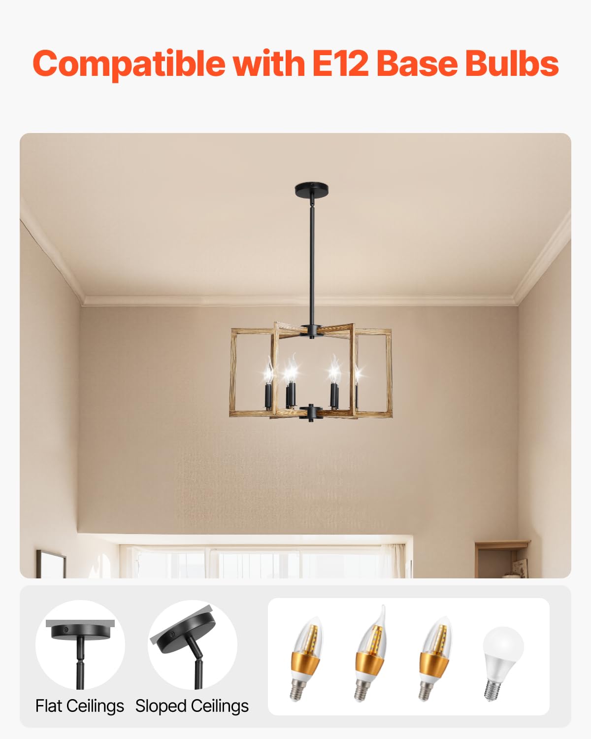 VEVOR 6-Light Chandelier, Adjustable Height, Iron, Black + Dark Wood, Model BK9021-6, Modern Farmhouse Design for Dining Room, Living Room, Kitchen
