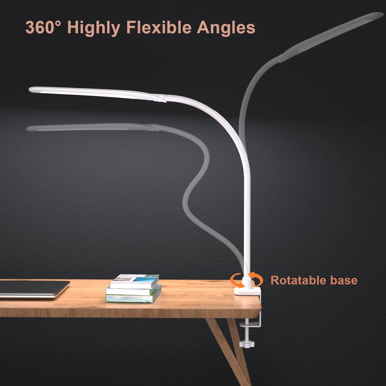 LED Desk Lamp with Clamp,Flexible Gooseneck Clamp Lamp,Dimmable,Touch Control 3 Color Modes,Eye-Care Table Light with Adjustable