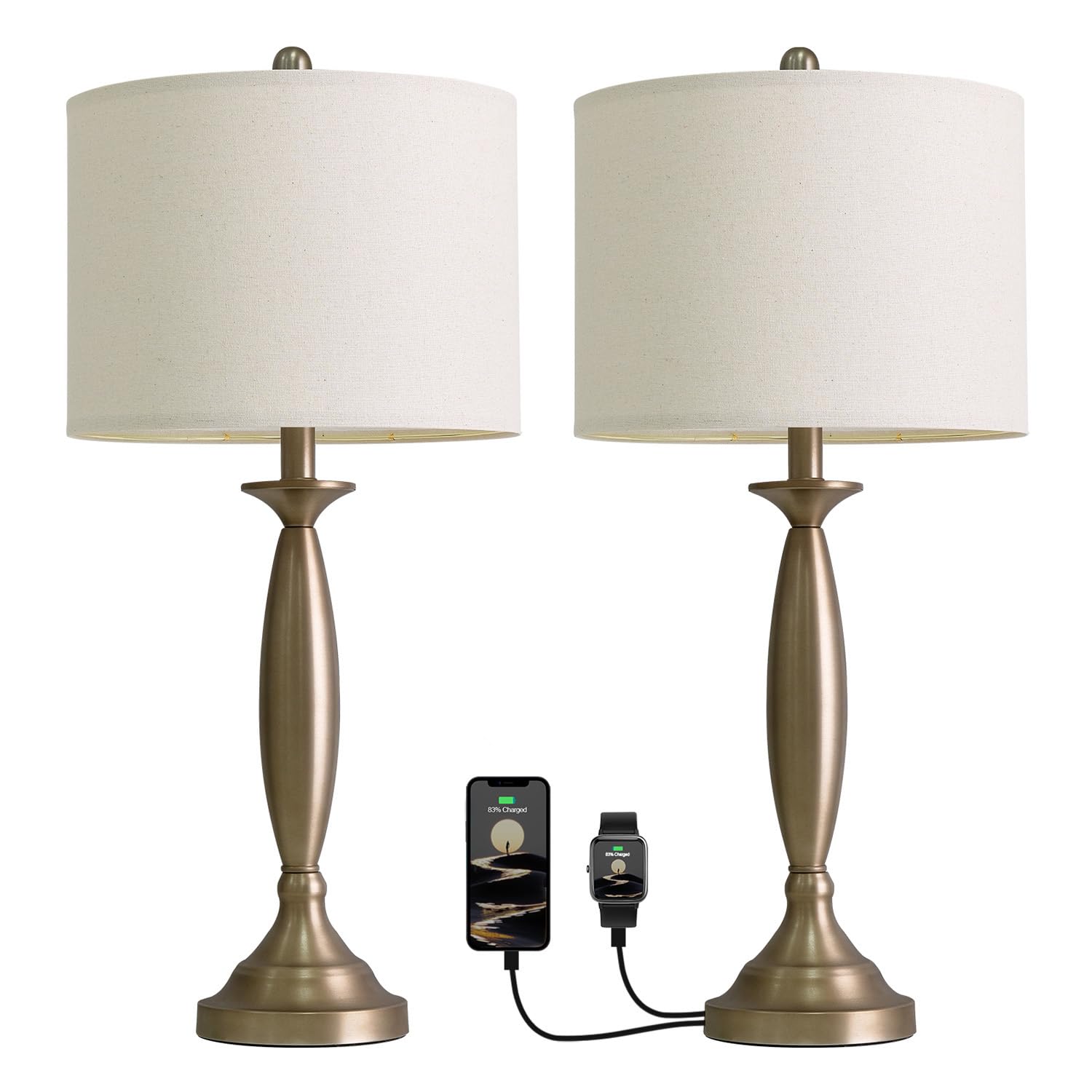 Oneach 28 Warm Gold Table Lamps Set of 2  Modern Bedside Lamps with USB Ports  Tall Nightstand Lamps for Living Room Bedroom End Table Home Office