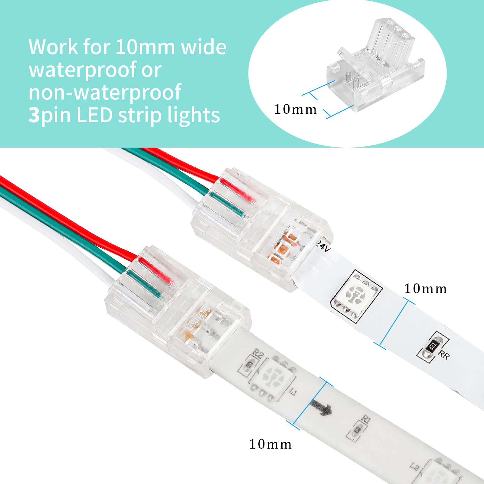 Homelylife 3 Pin Led Strip Connector Solderless 10 Pcs With 16.4Ft Extension Cable 3 Conductor For Waterproof Or Non-Waterproof