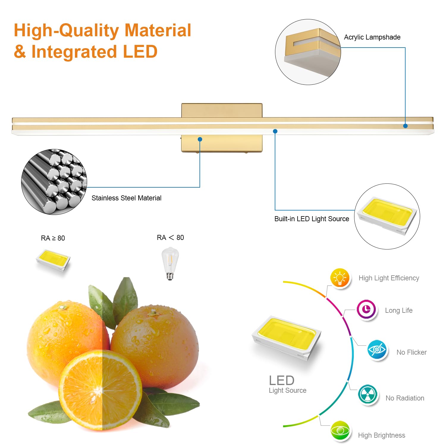 Sinerise Led Modern Bathroom Vanity Light Fixtures (40-Inch, 3000K/4000K/6000K, Dimmable), Gold Modern Acrylic Bathroom Wall Lig