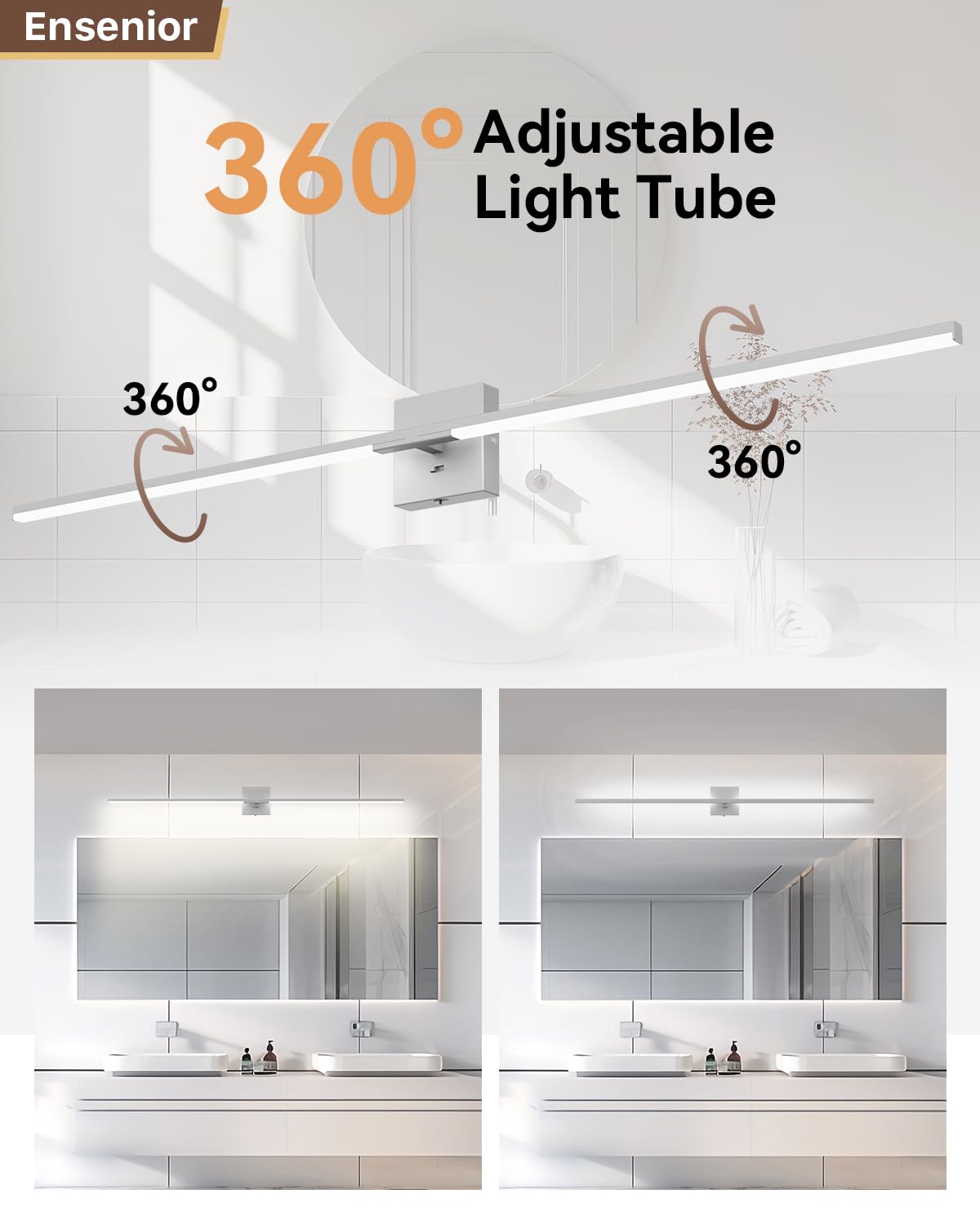 Ensenior Modern Bathroom Vanity Light 48 Inch, Built-In Dimmer, 28W Dimmable 5Cct Led Light Fixture Over Mirror, Silver Bar For