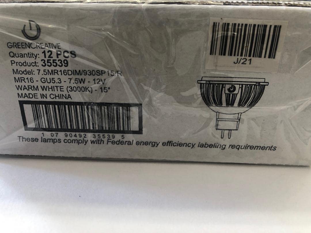 Green Creative 12 Pieces 35539 7.5Mr16Dim/930Sp15/R Dimmable 3000K 540 Lumen 7.5 Watt Mr16 Gu5.3 15 Degree 12 Volt