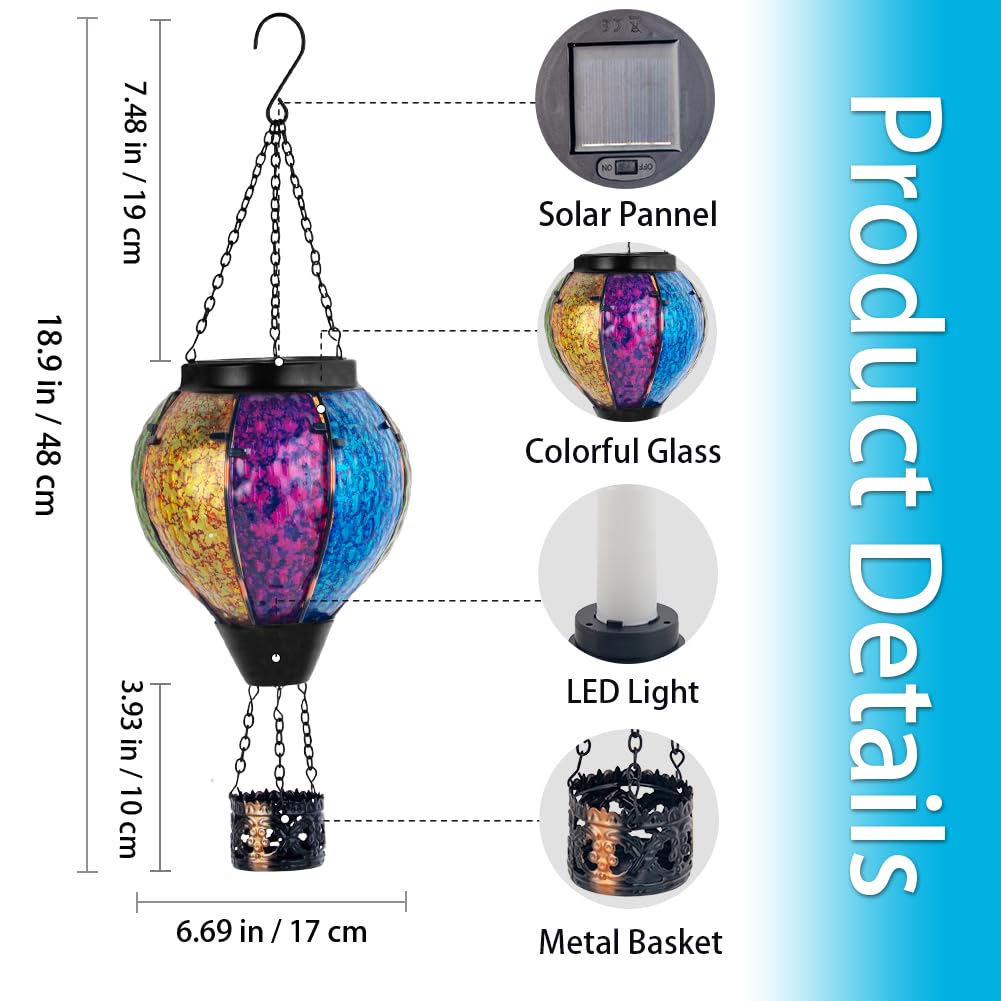 Giole Solar Hot Air Balloon Outdoor Lantern With Flickering Flame, Handmade Glass Hanging Outdoor Lantern Waterproof Decorative
