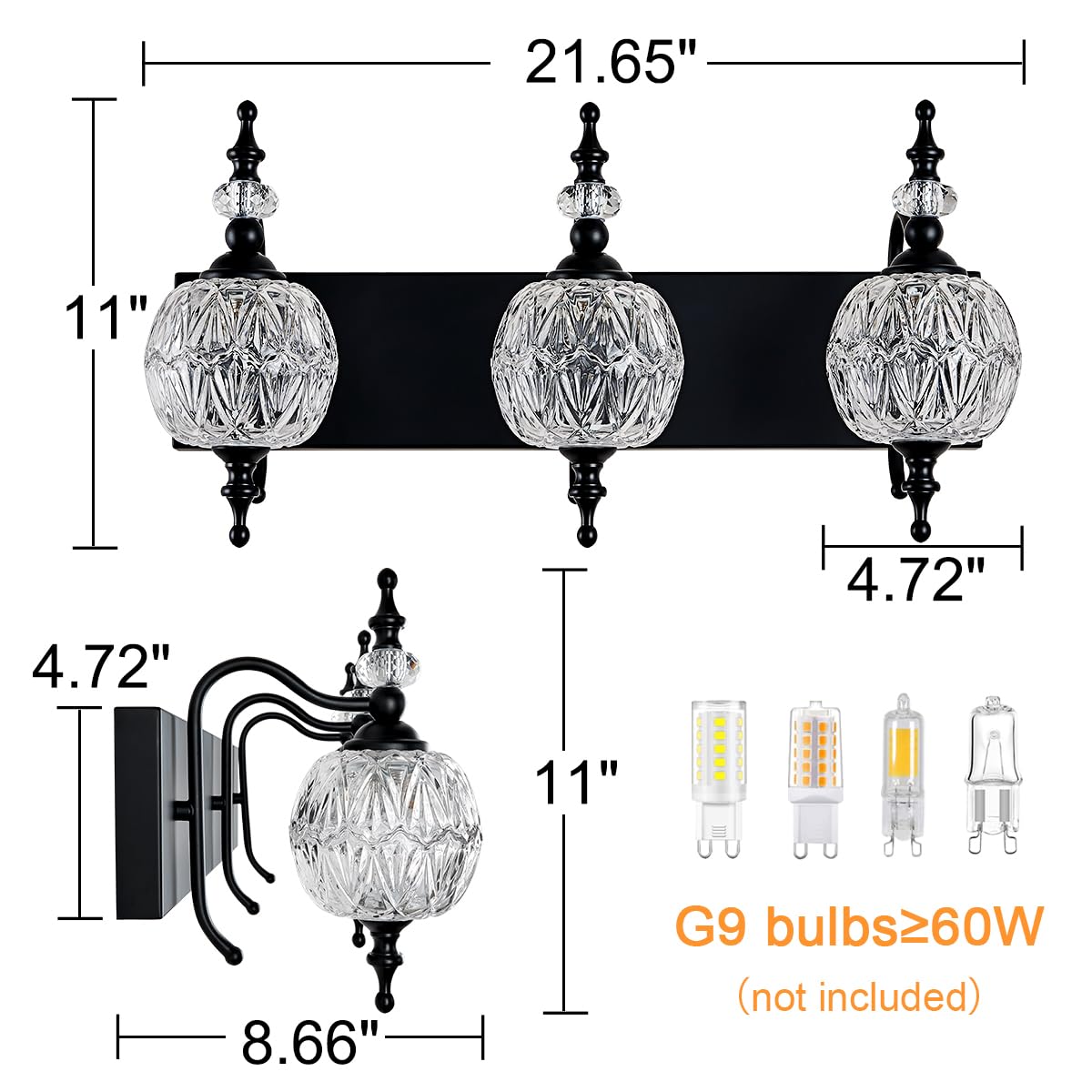 Tlolgt Black 3 Lights Vanity Light Fixtures, Modern Bathroom Lighting With Thick Crystal Glass Shade, Vintage Vanity Light For F