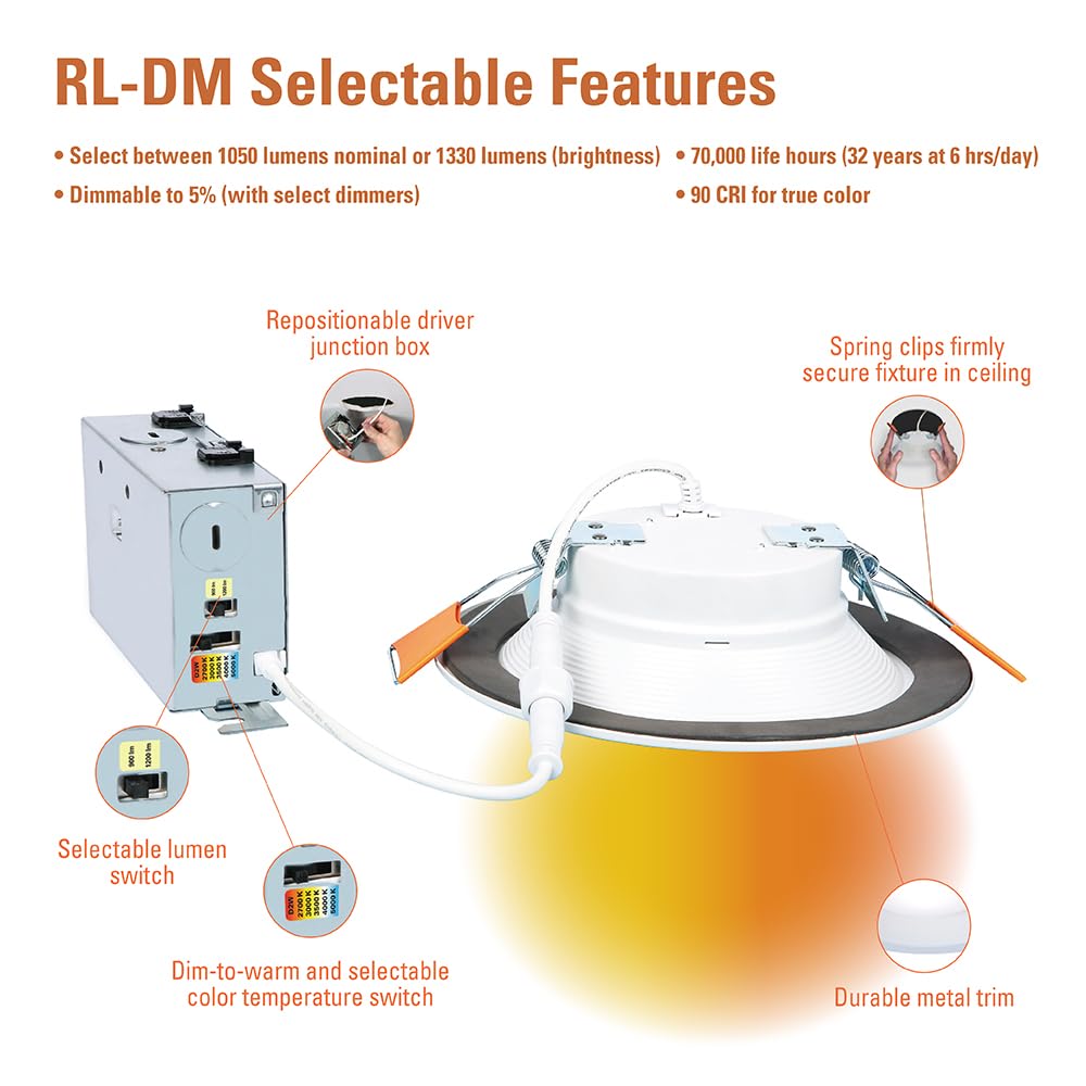 HALO RL 6 inch Canless LED Downlight, 900/1200 Lumens, 5CCT (2700K-5000K), Dim to Warm, Aluminum, Model RL