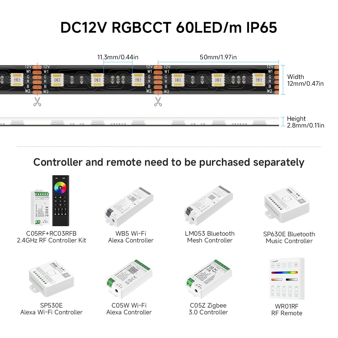 BTF-LIGHTING RGBWW LED Strip Light, 300 LEDs, IP65, Dimmable, 16.4ft, 2700K-6500K, Black PCB, Model