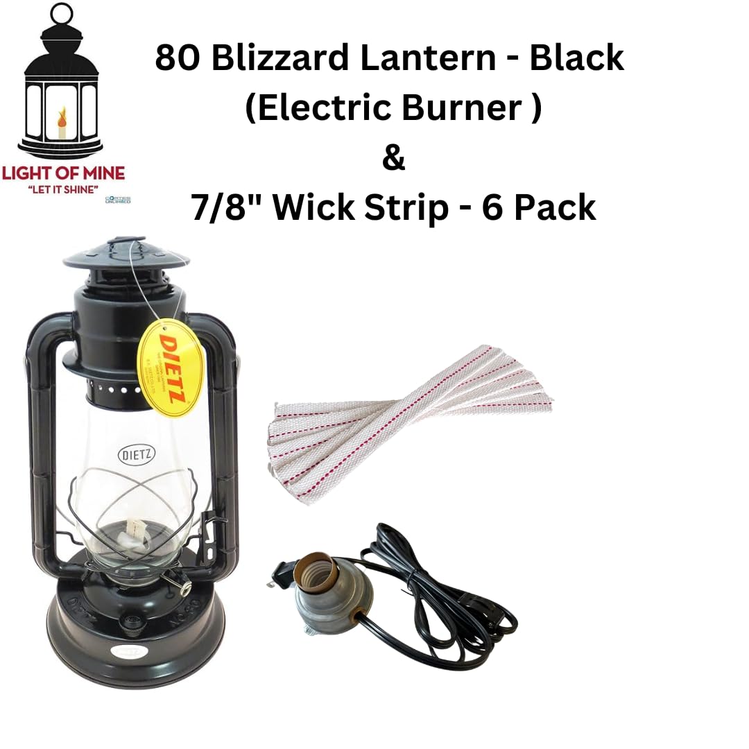 Light of Mine - Dietz #80 Blizzard Oil Lantern with 7/8 Replacement Wick Strips (Black with Electric Conversion Kit)