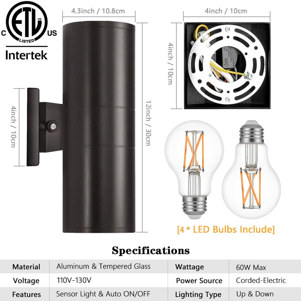 Kizon Outdoor Wall Lights Dusk To Dawn 2 Pack, Bronze Outdoor Light Fixture With Led Bulbs Included, Up And Down Outside Lights