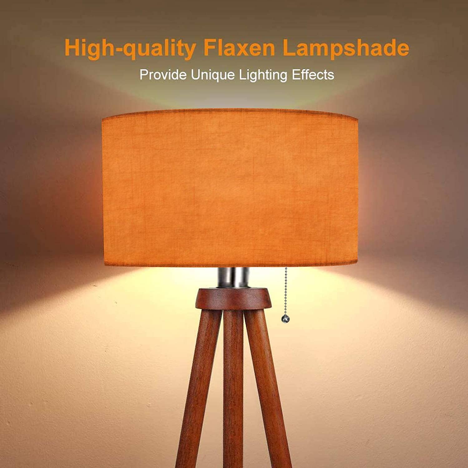 Baistsaeler Wood Tripod Floor Lamp Golden Orange Colored Blurred Modern Standing Lamp Linen Lampshade Dimmable Tall Lamp Mid Cen