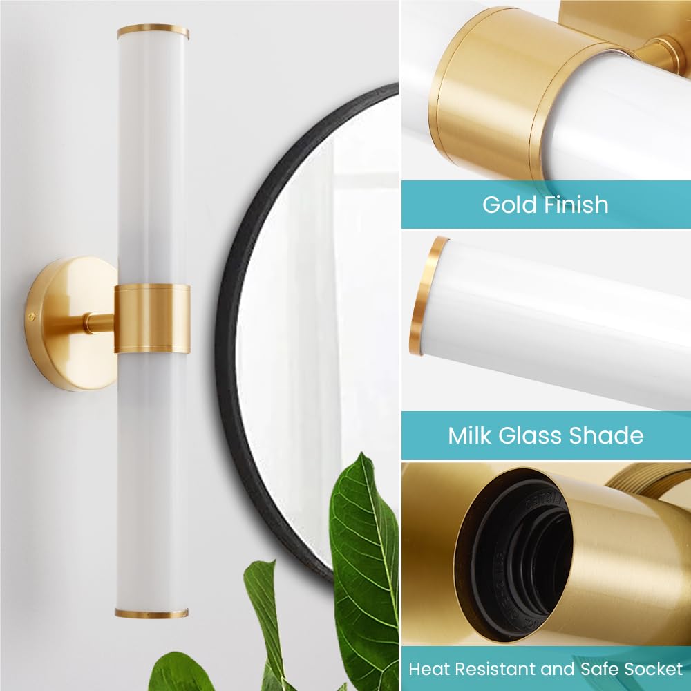 Vaziden Gold Bathroom Light Fixtures, Vanity Lights with Milk Glass Shade, 20 Inch Up/Down Wall Sconces for Bathroom, Bedroom, Living Room