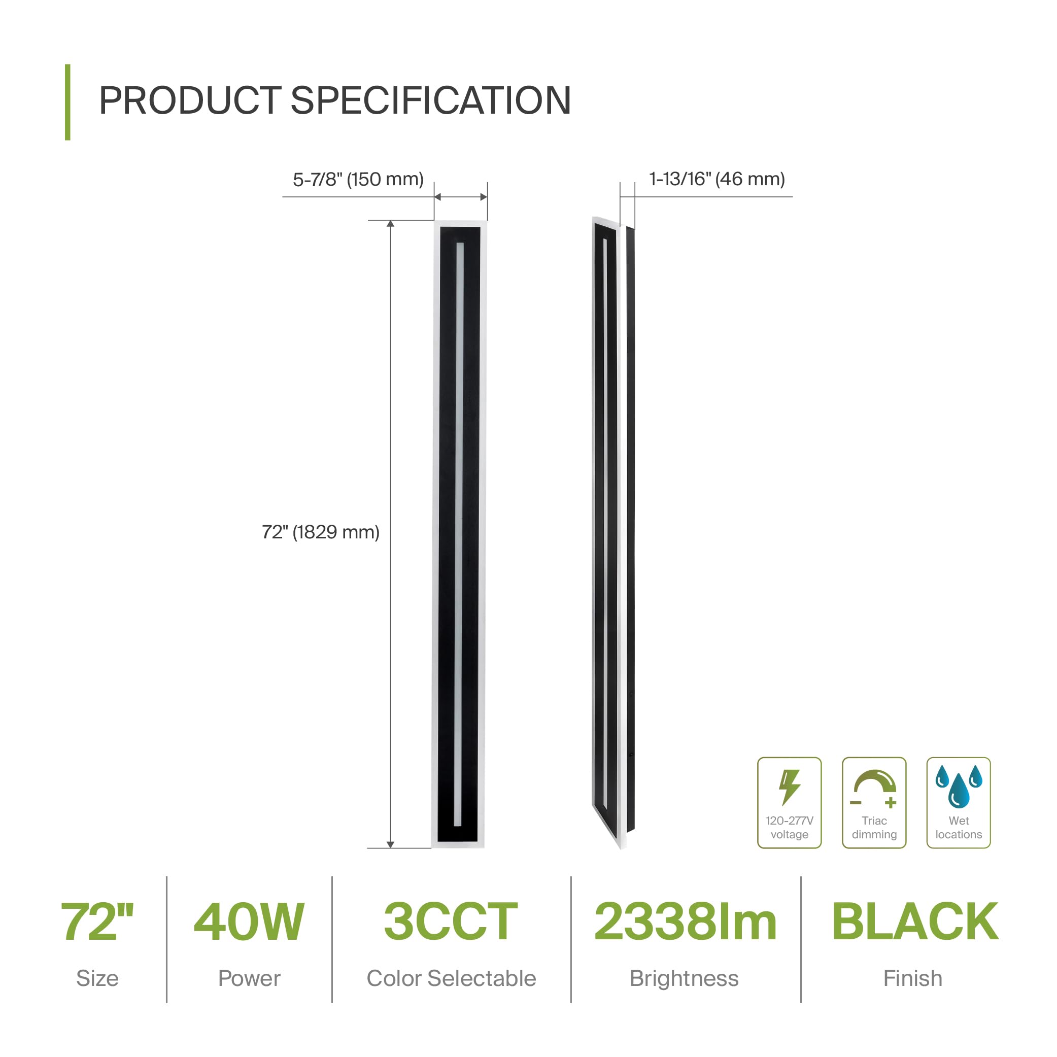 ASD LED Flush Mount Wall Light Fixture 72 Inch 40W 2330LM Dimmable Waterproof Black A-LWS27C-72D40BK