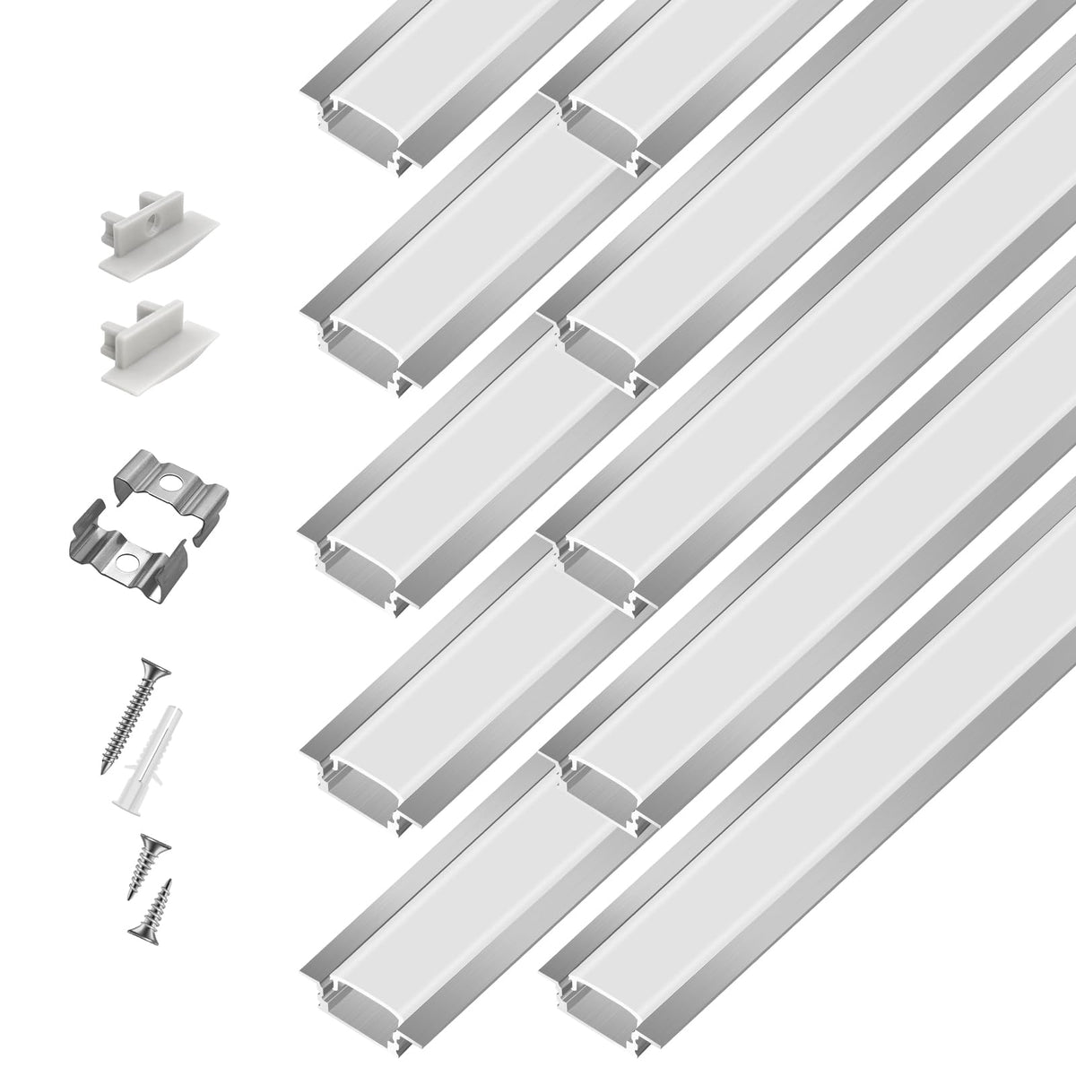 10-Pack 3.3ft/1Meter Silver Recessed LED Aluminum Channel for LED Strip Lights Diffuser Channel with Milky Cover End Caps and Mo