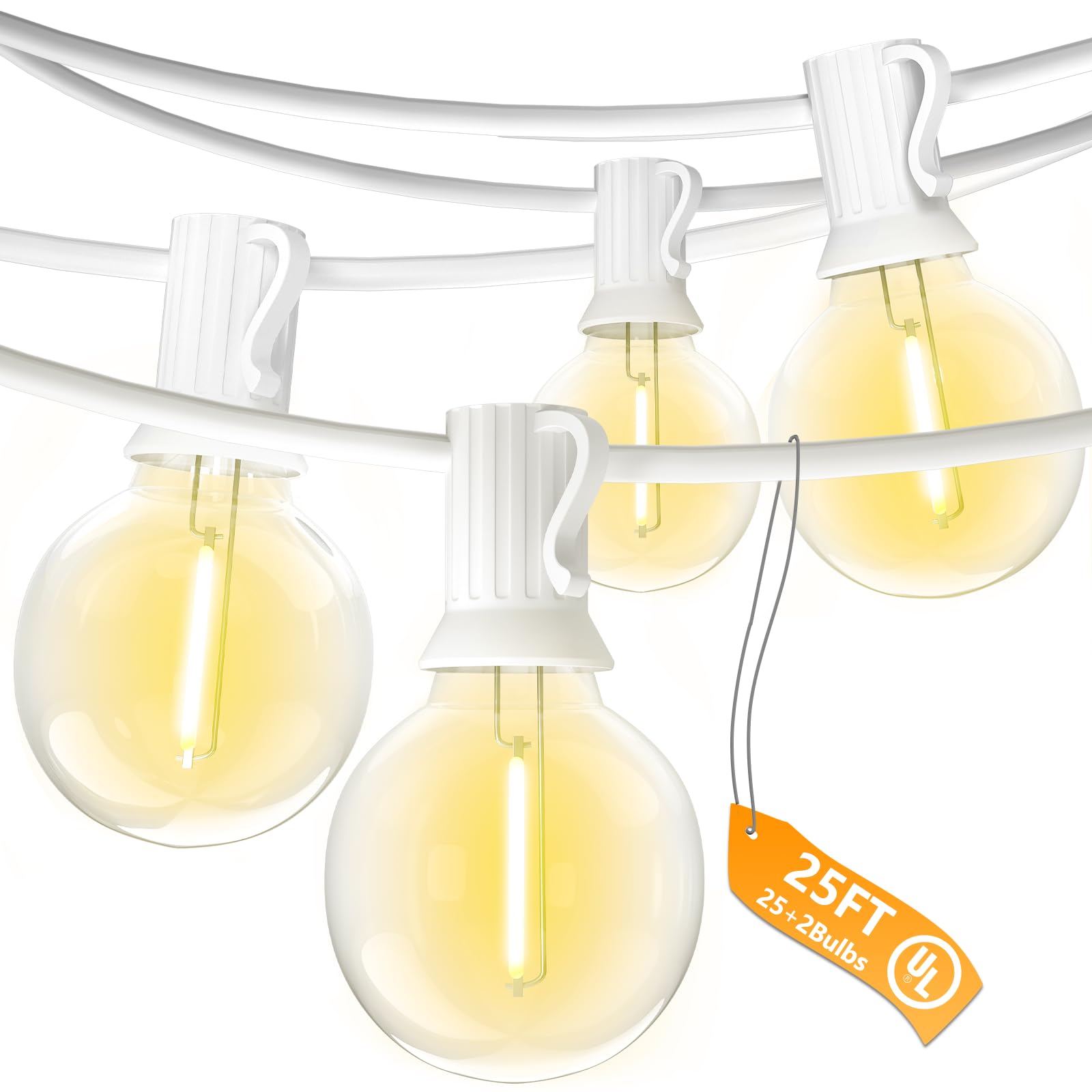 Sunsgne G40 Outdoor Patio String Lights - 25Ft Warm White Shatterproof Led Globe Bulbs, White Wire, Ul Listed For Indoor/Outdoor Use