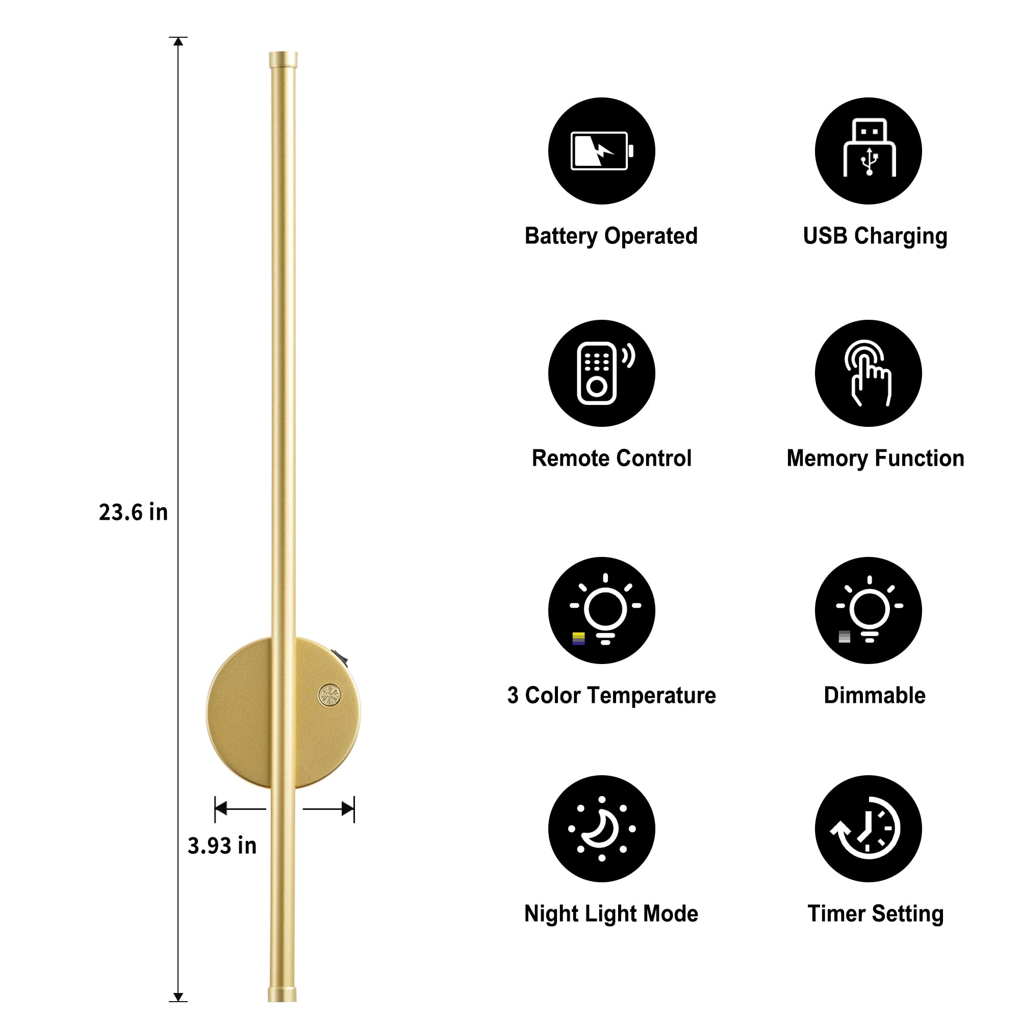 KARTOOSH Motion Sensor Wall Sconce Set of 2 - Rechargeable, Dimmable, 23.6 Inch, Gold, Model ZM330BGD60