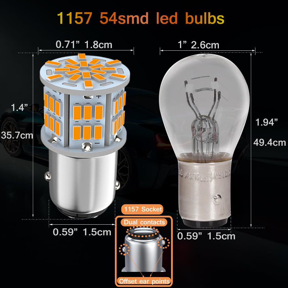 Melphan-Auto 1157 LED Amber Light Bulb, 12V-24V, 54SMD 3014 Chipset, 2PCS Replacement for Brake/Tail Light