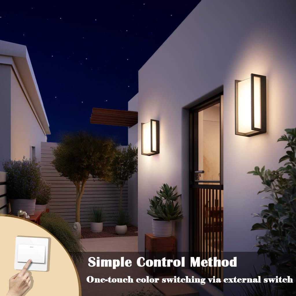 iYogaled Outdoor Wall Sconce, IP65 Waterproof, 18W, 3-Color Temperature, 2 Pack, Black, Model 1853-2PCS