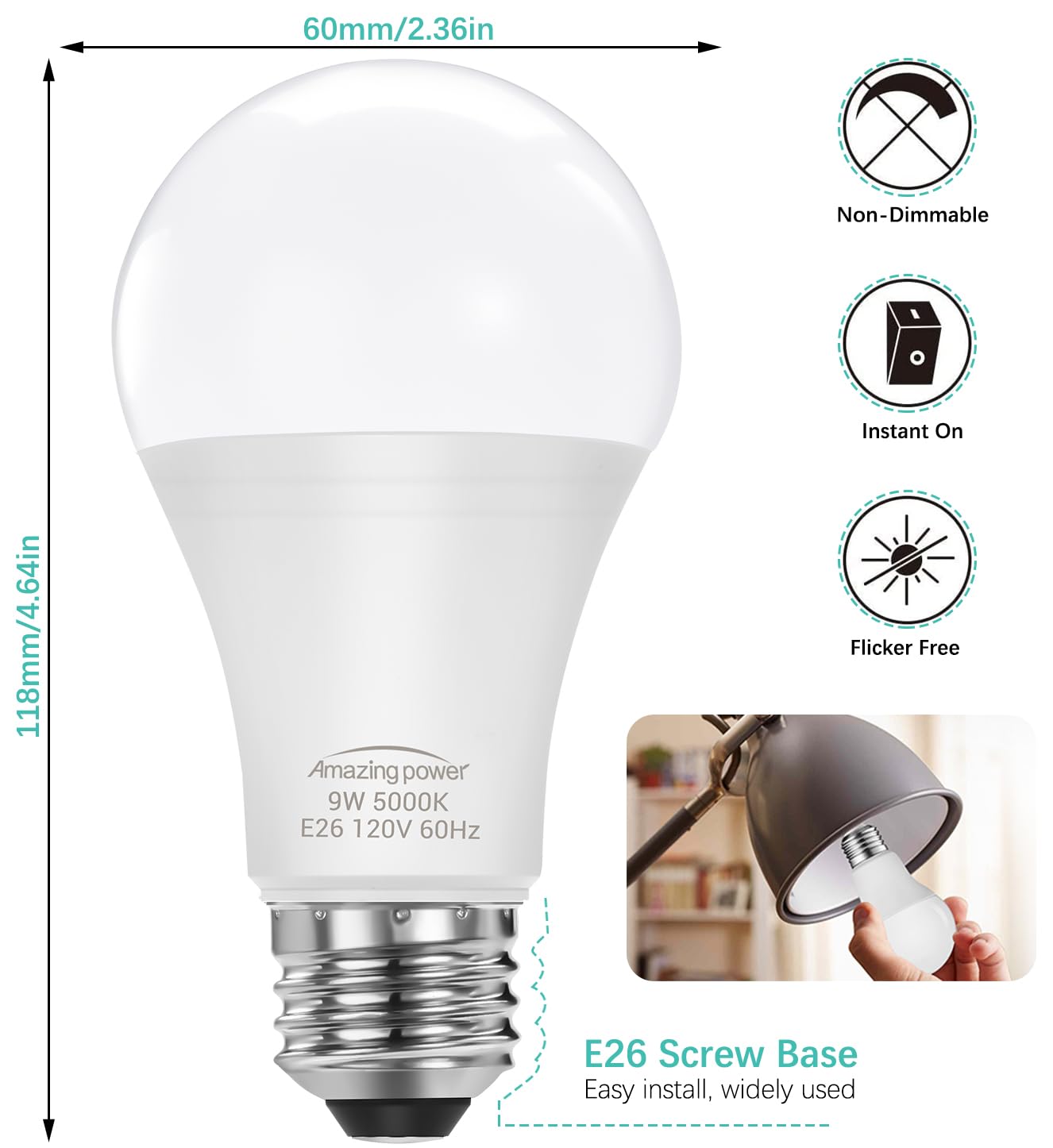 Amazing Power E26 Led Bulbs, 60W Equivalent Medium Base Light Bulbs, 9W Led Bulbs, Daylight White 5000K 4-Pack