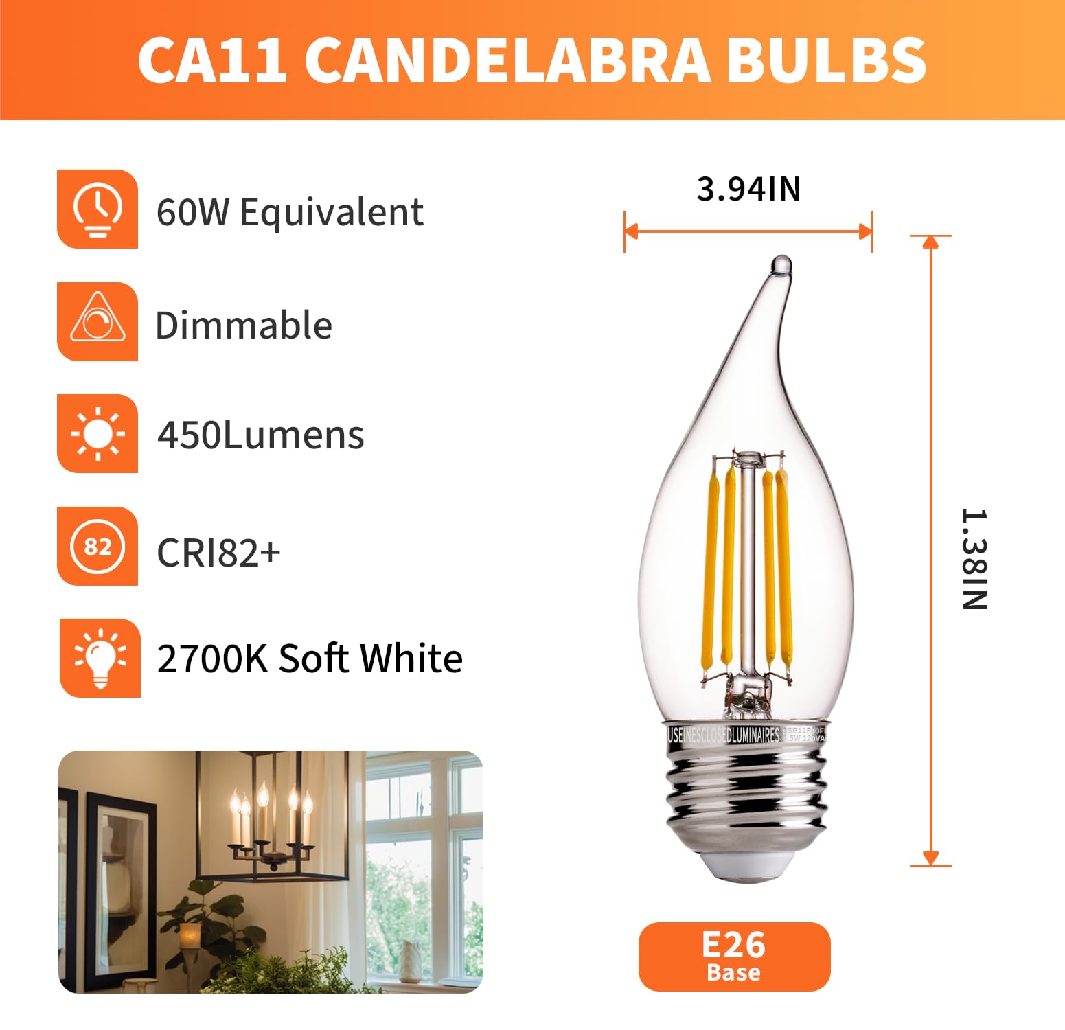 Alampever Dimmable Ca11 Candelabra Led Light Bulb 24 Pack, 4.5W (60 Watt Equivlant) E26 Medium Base Chandelier Light Bulb, 2700K
