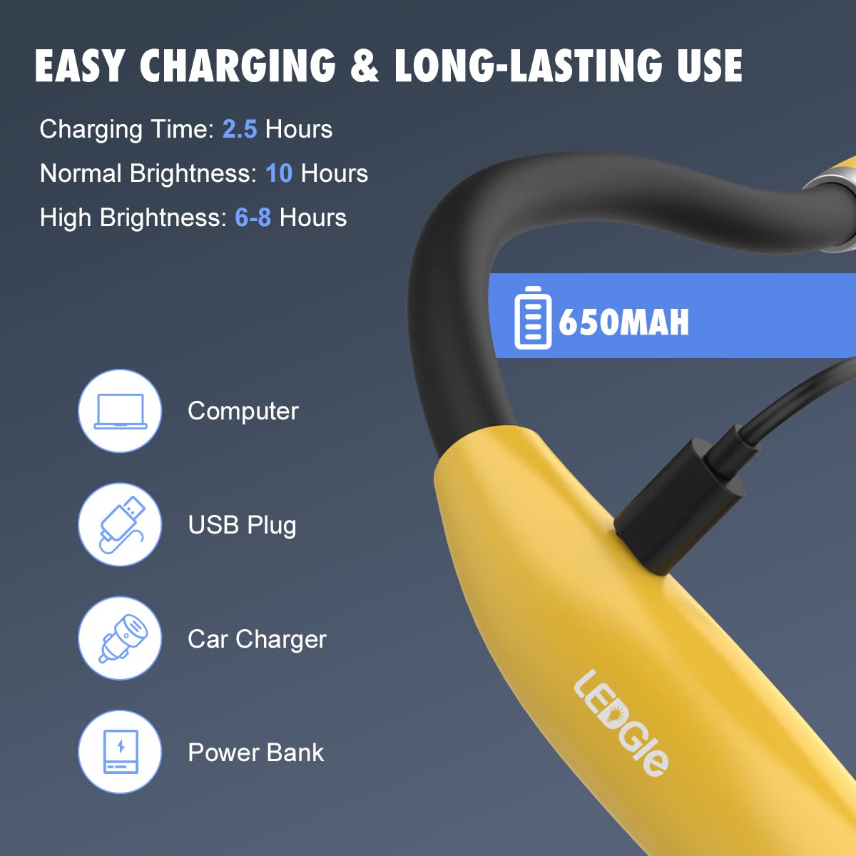 Ledgle Led Neck Light - Rechargeable Neck Flashlight For Reading, Knitting, Camping, Yellow